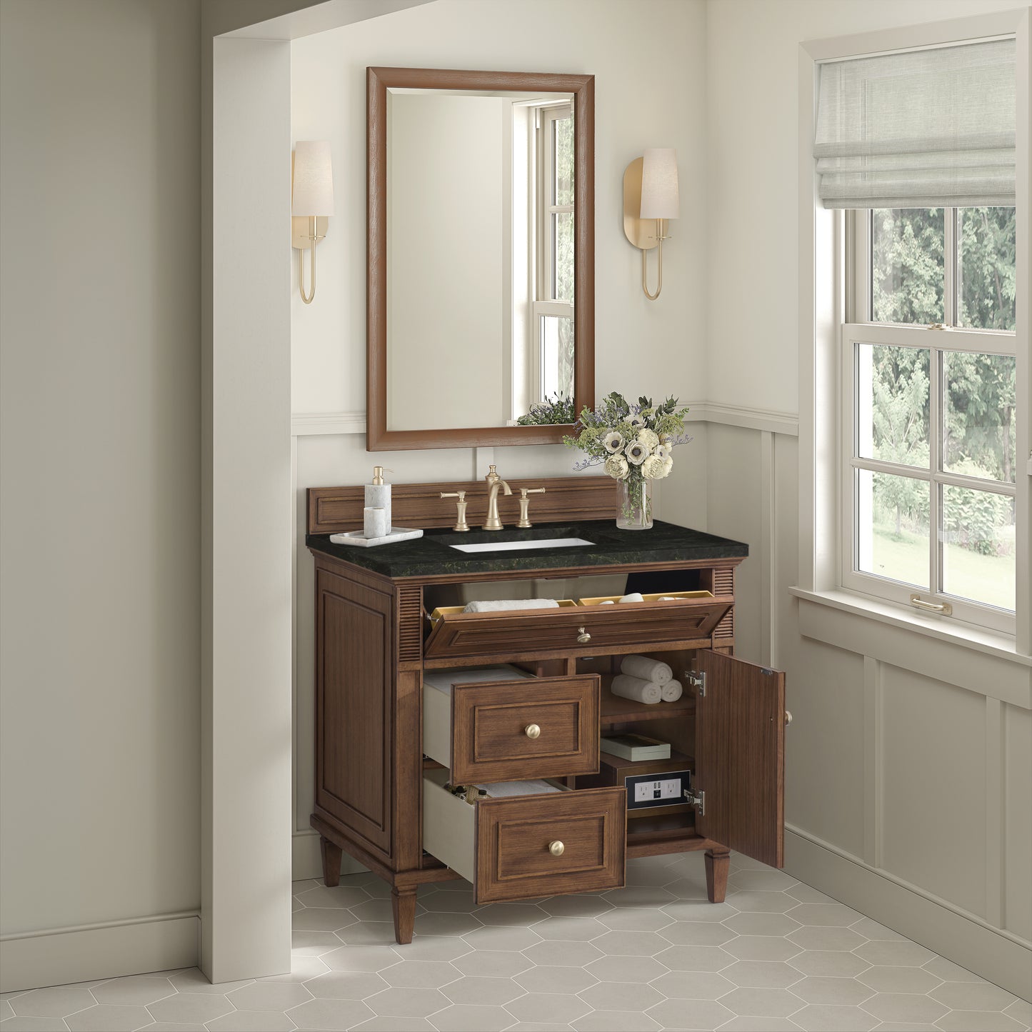 Renovate for Less Atlanta Lorelai 36" Single Vanity, Mid-Century Walnut, w/ 3 CM Phantome Eclos Top