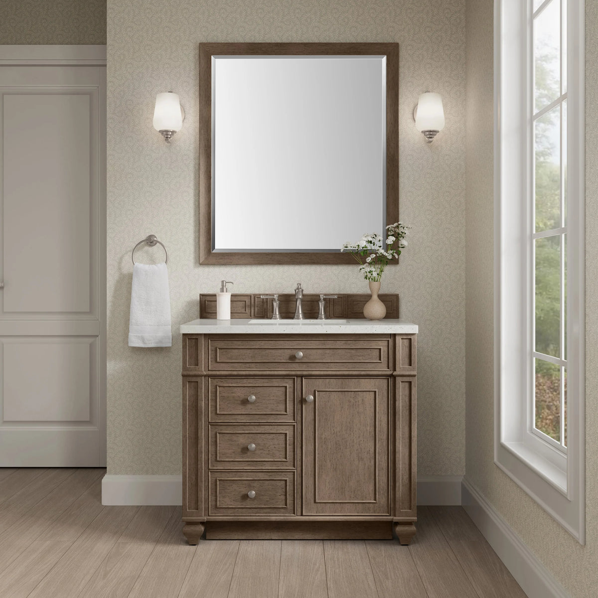 Bristol 36" Single Vanity, Whitewashed Walnut w/ 3 CM Lime Delight Silestone Top