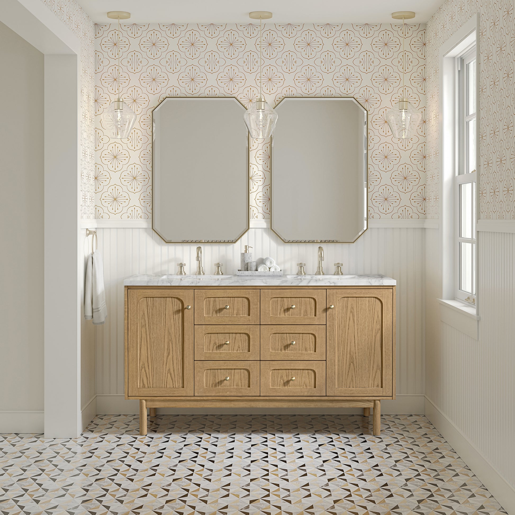 Renovate for Less Atlanta Laurent 60" Double Vanity, Light Natural Oak, w/ 3 CM Carrara Marble Top