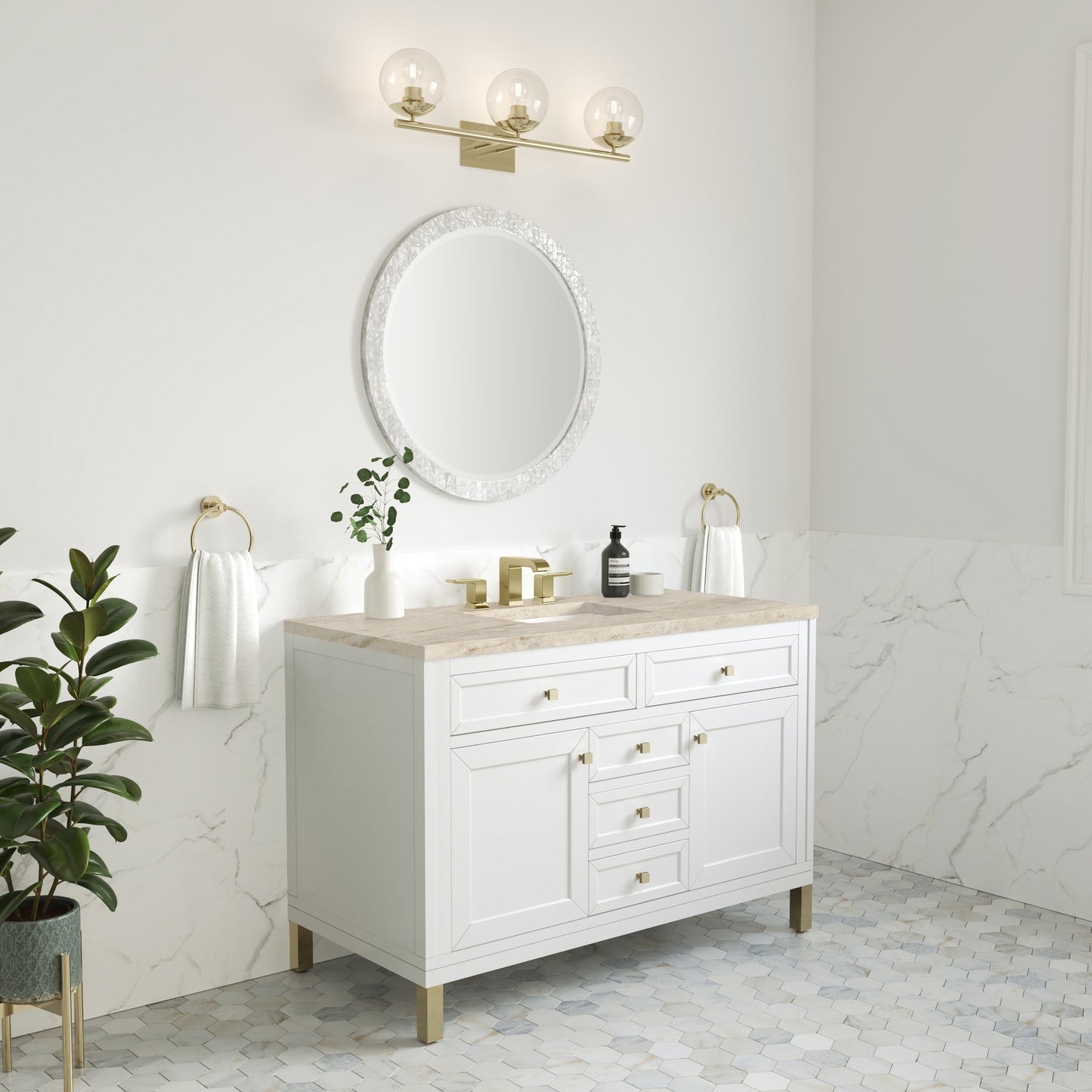 Renovate for Less Atlanta Chicago 48" Single Vanity, Glossy White, w/ 3 CM Tajnar Eclos Top w/FreePower Wireless Charger