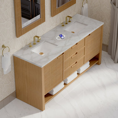 Renovate for Less Atlanta Solene 72" Double Vanity, Seaside Oak, w/ 3 CM Victorian Silver Silestone Top w/ FreePower Wireless Charger