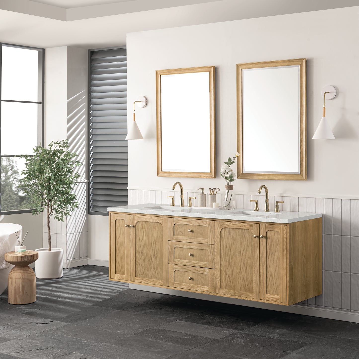 Renovate for Less Atlanta Laurent 72" Double Vanity, Light Natural Oak w/ 3 CM Lime Delight Top