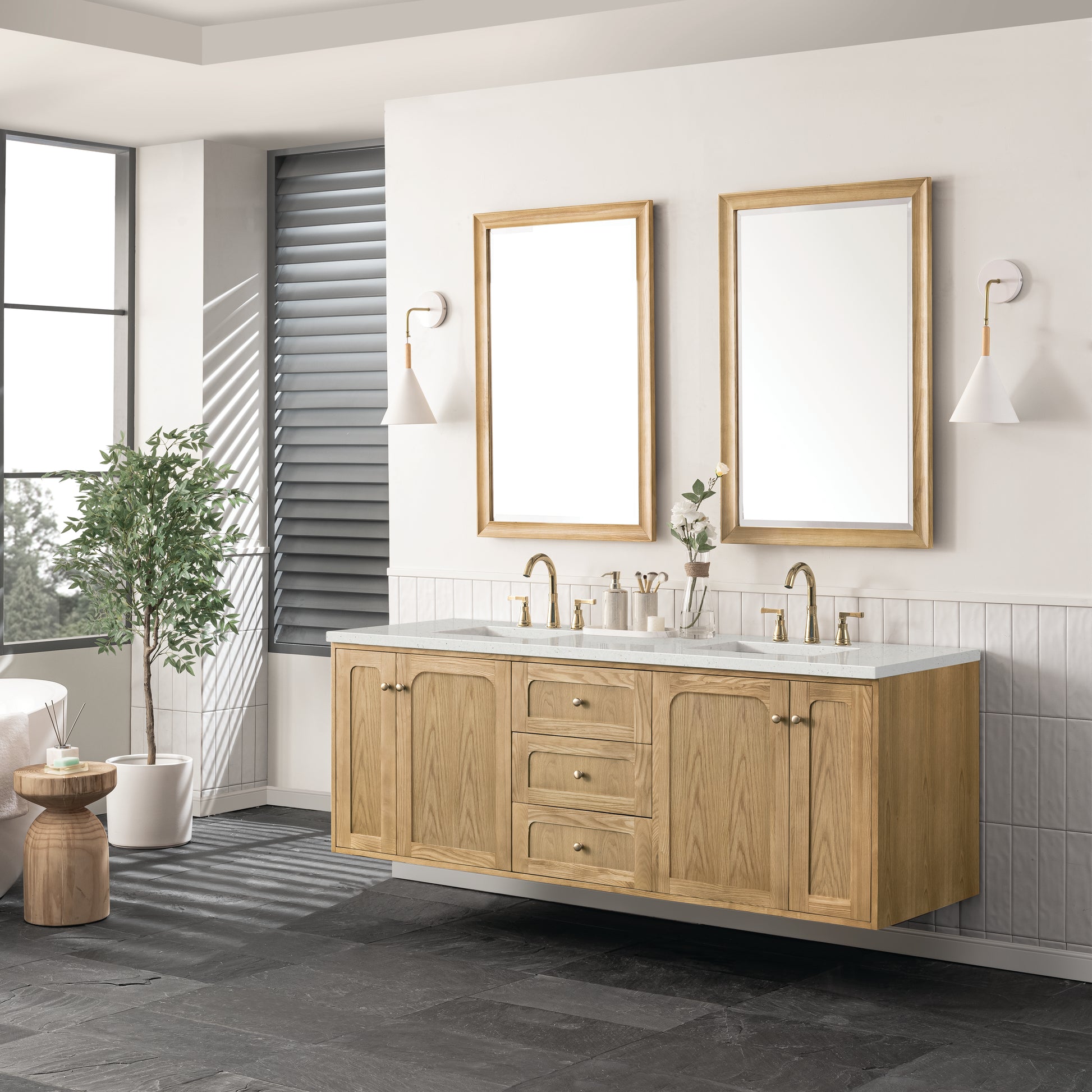 Renovate for Less Atlanta Laurent 72" Double Vanity, Light Natural Oak w/ 3 CM Lime Delight Top