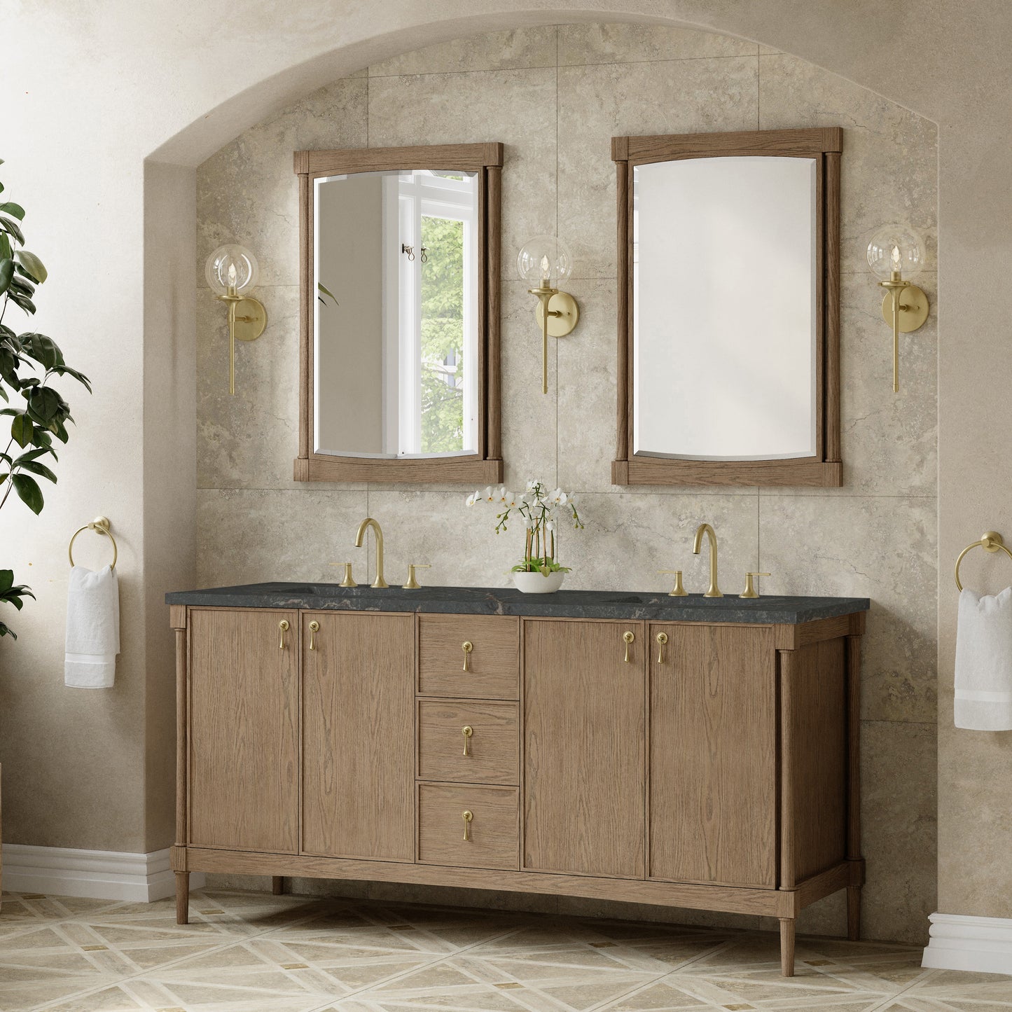Renovate for Less Atlanta Kinnsden 72" Double Vanity, Weathered Oak w/ 3 CM Parisien Bleu Silestone Top w/FreePower Wireless Charger