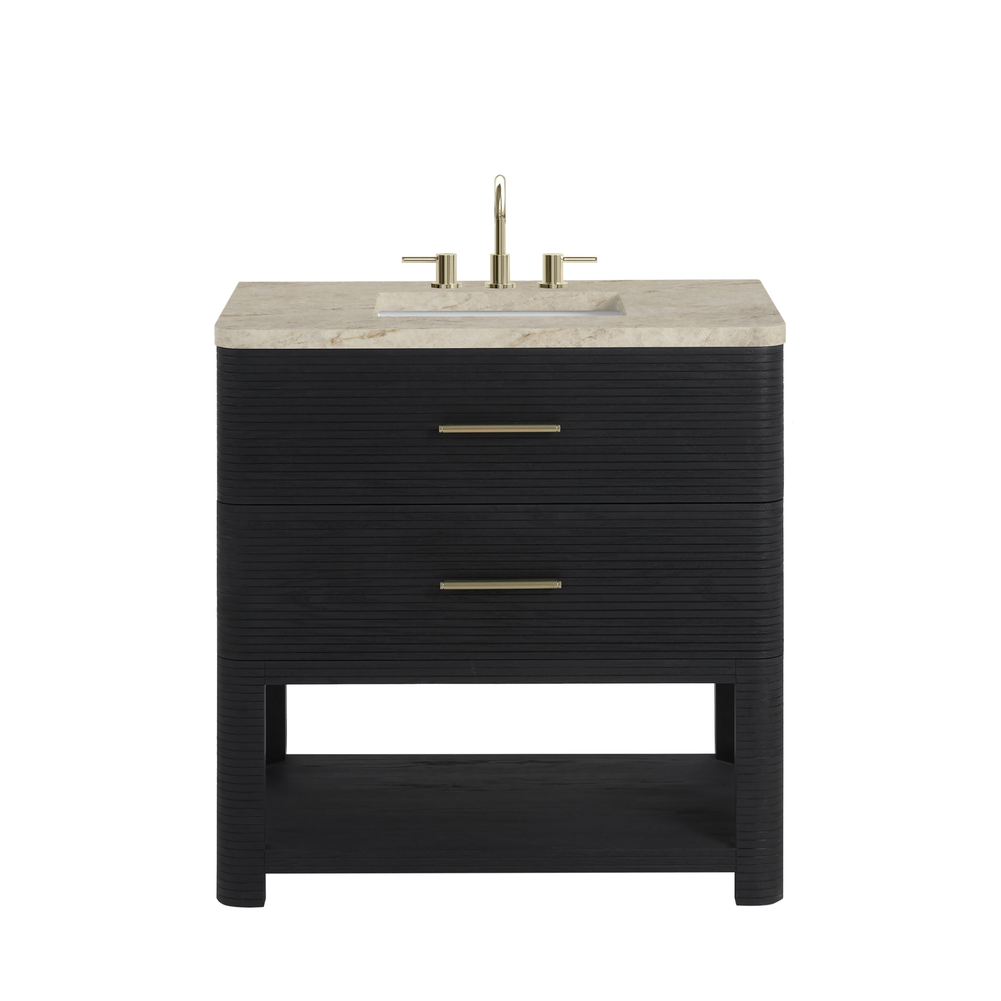 Renovate for Less Atlanta Lucian 36" Single Vanity, Carbon Oak, w/ 3 CM Tajnar Eclos Widespread Top
