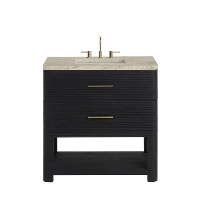 Renovate for Less Atlanta Lucian 36" Single Vanity, Carbon Oak, w/ 3 CM Tajnar Eclos Widespread Top