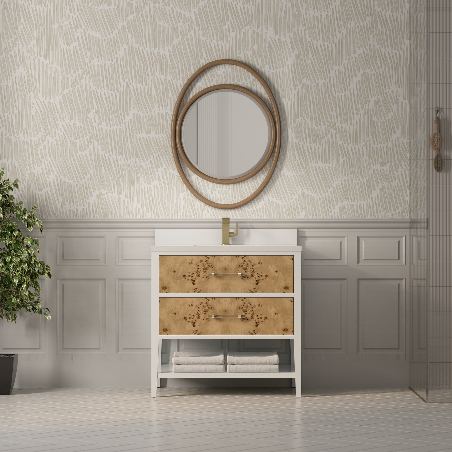 Renovate for Less Atlanta Olena 36" Single Vanity, Light Mappa Burl and Polished White w/ Single Hole 3 CM White Zeus Silestone Top & Backsplash