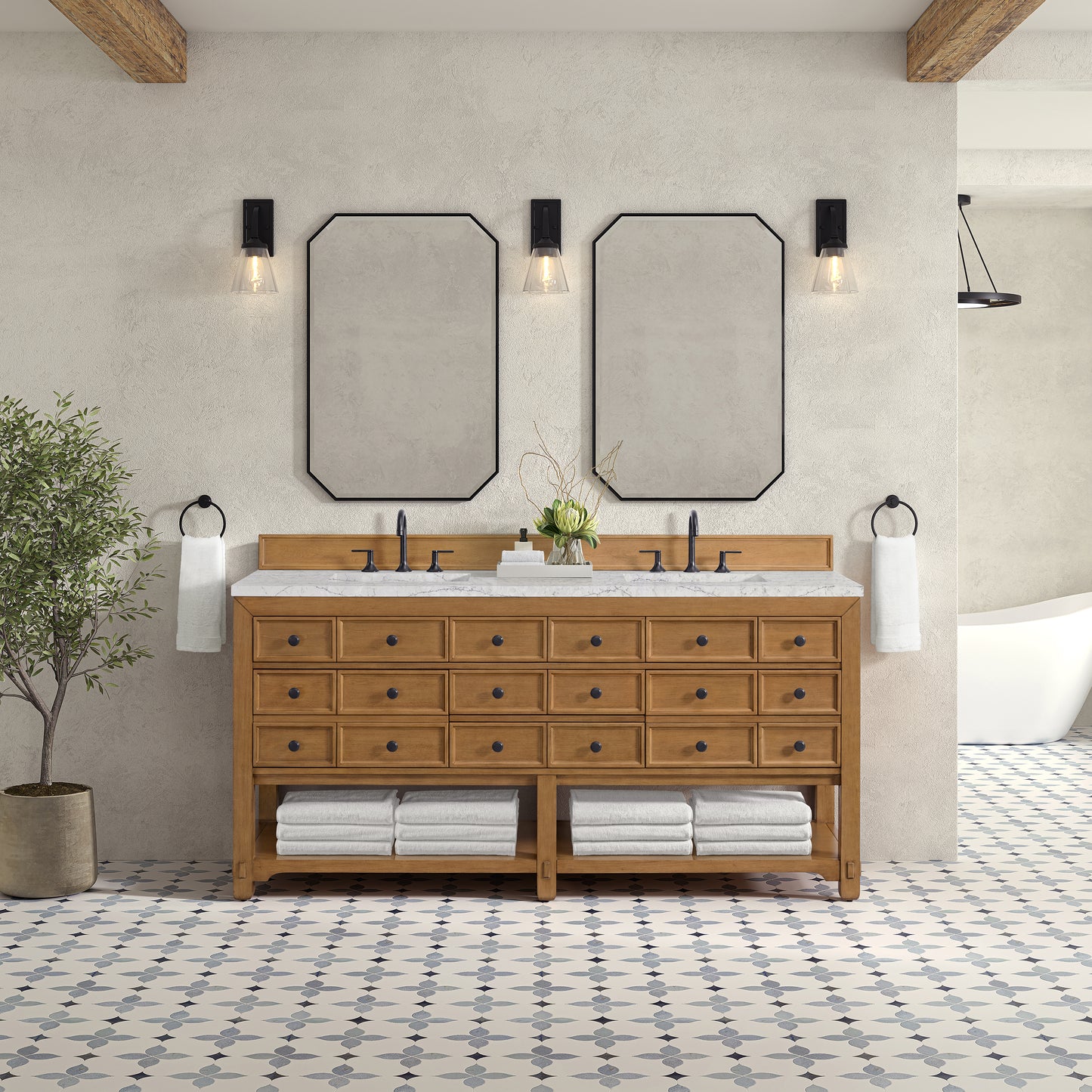 Renovate for Less Atlanta Malibu 72" Double Vanity, Amber Birch w/ 3 CM Eternal Jasmine Pearl Top w/ FreePower Wireless Charger