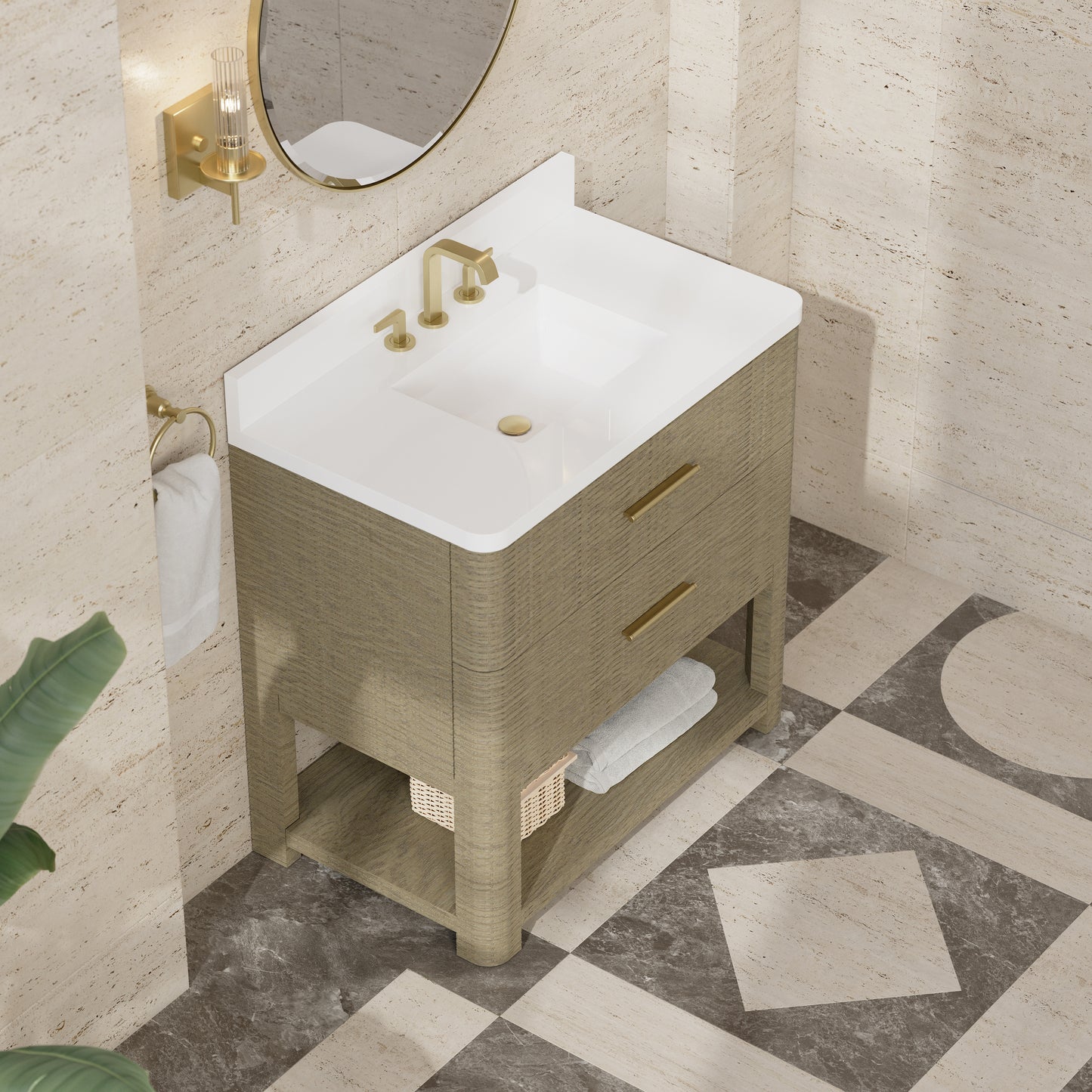 Renovate for Less Atlanta Lucian 36" Single Vanity, Pebble Oak w/ 3 CM White Zeus Silestone Widespread Top