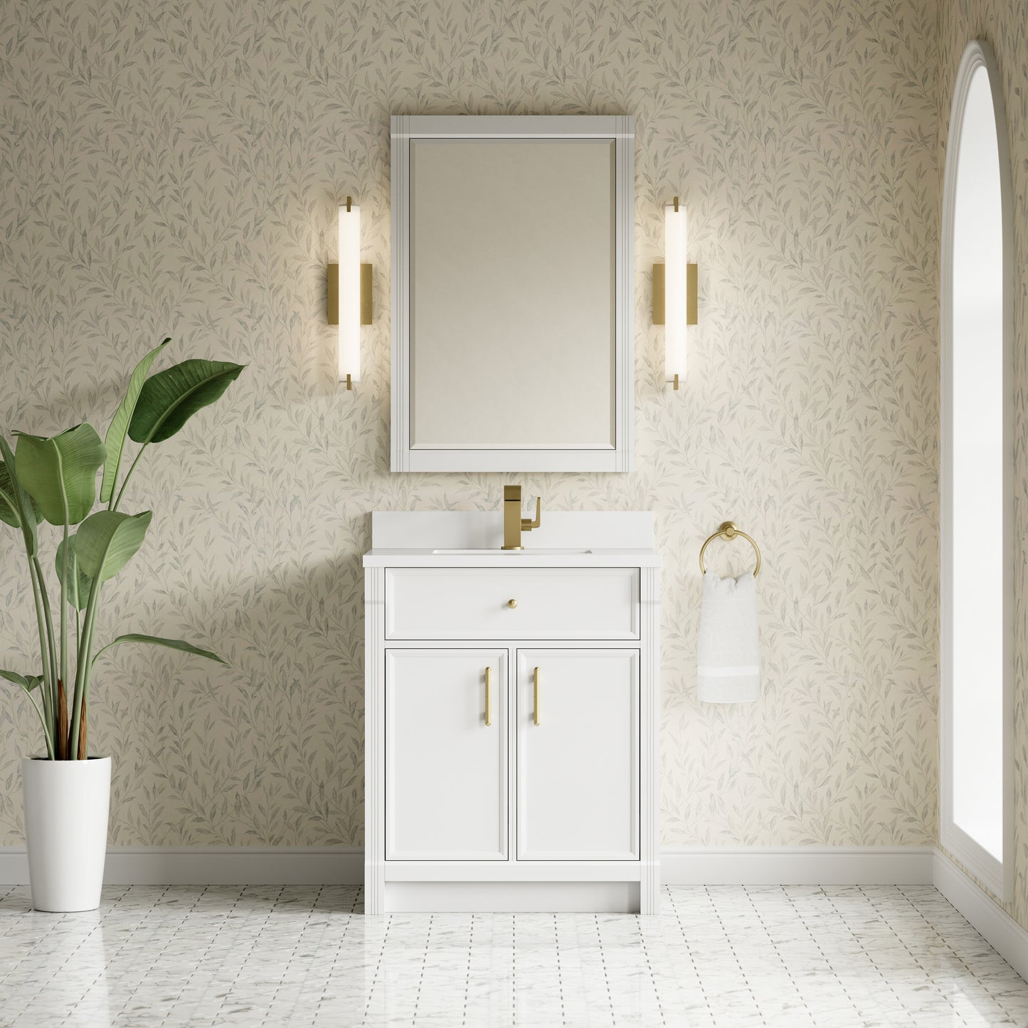 Renovate for Less Atlanta Bellshire 30" Single Vanity, Bright White w/ Single Hole 3 CM White Zeus Silestone Top and Matching Backsplash