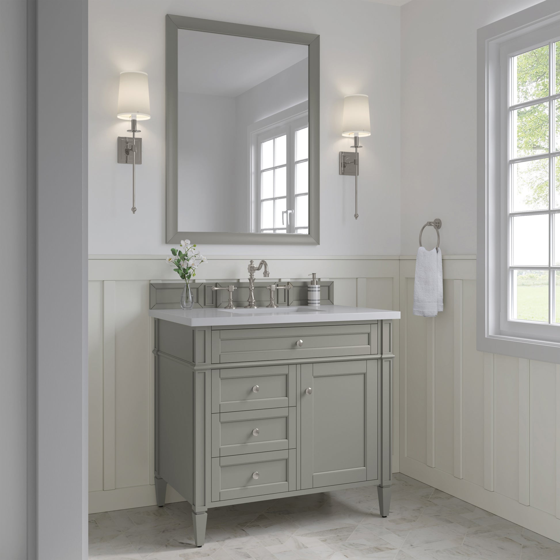Renovate for Less Atlanta Brittany 36" Single Vanity, Urban Gray w/ 3 CM White Zeus Silestone Top