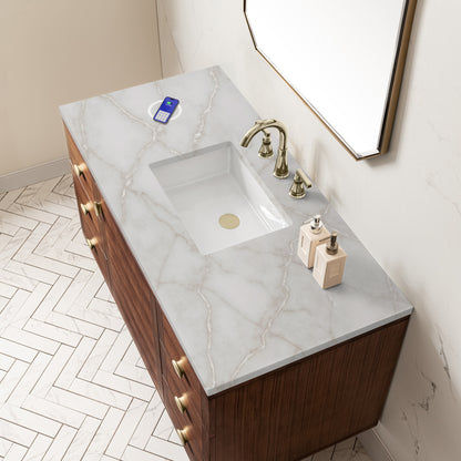 Renovate for Less Atlanta Amberly 48" Single Vanity, Mid-Century Walnut w/ 3 CM Victorian Silver Top w/FreePower Wireless Charger