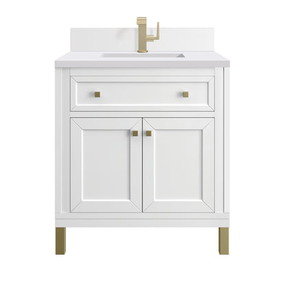 Renovate for Less Atlanta Chicago 30" Single Vanity, Glossy White, w/ Single Hole 3CM White Zeus Silestone® Top & Backsplash