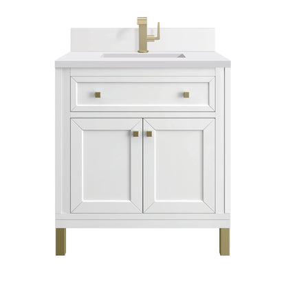 Chicago 30" Single Vanity, Glossy White, w/ Single Hole 3CM White Zeus Silestone® Top & Backsplash