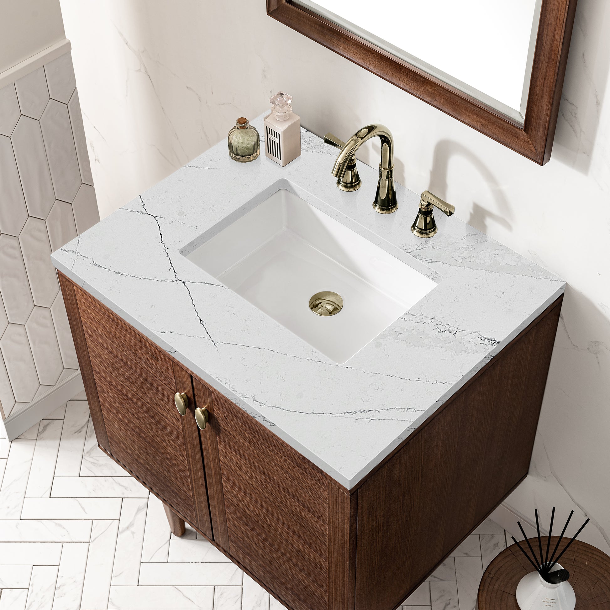 Renovate for Less Atlanta Amberly 30" Single Vanity, Mid-Century Walnut w/ 3 CM Ethereal Noctis Top