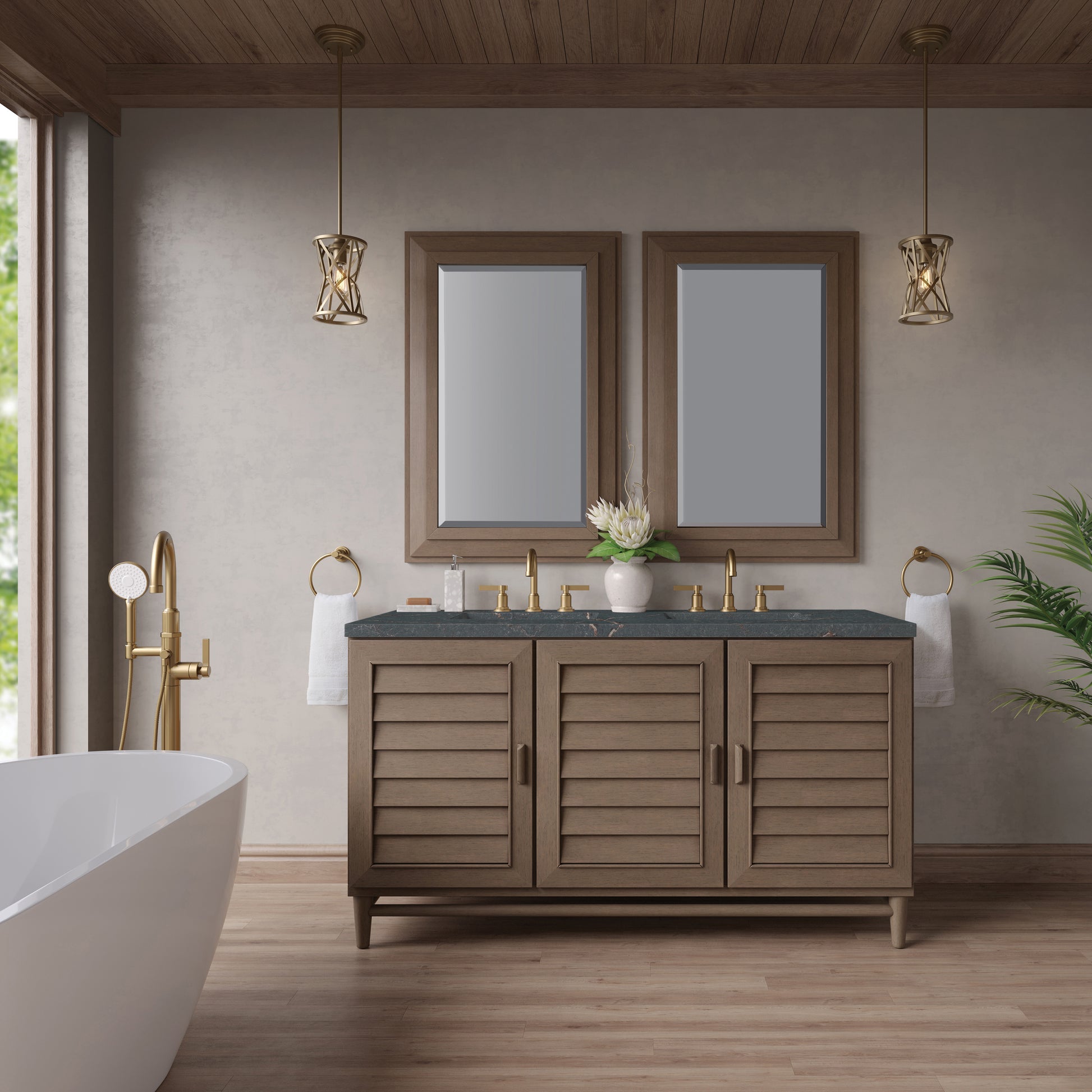 Renovate for Less Atlanta Portland 60" Double Vanity Whitewashed Walnut w/ 3 CM Parisien Bleu Silestone Top w/FreePower Wireless Charger