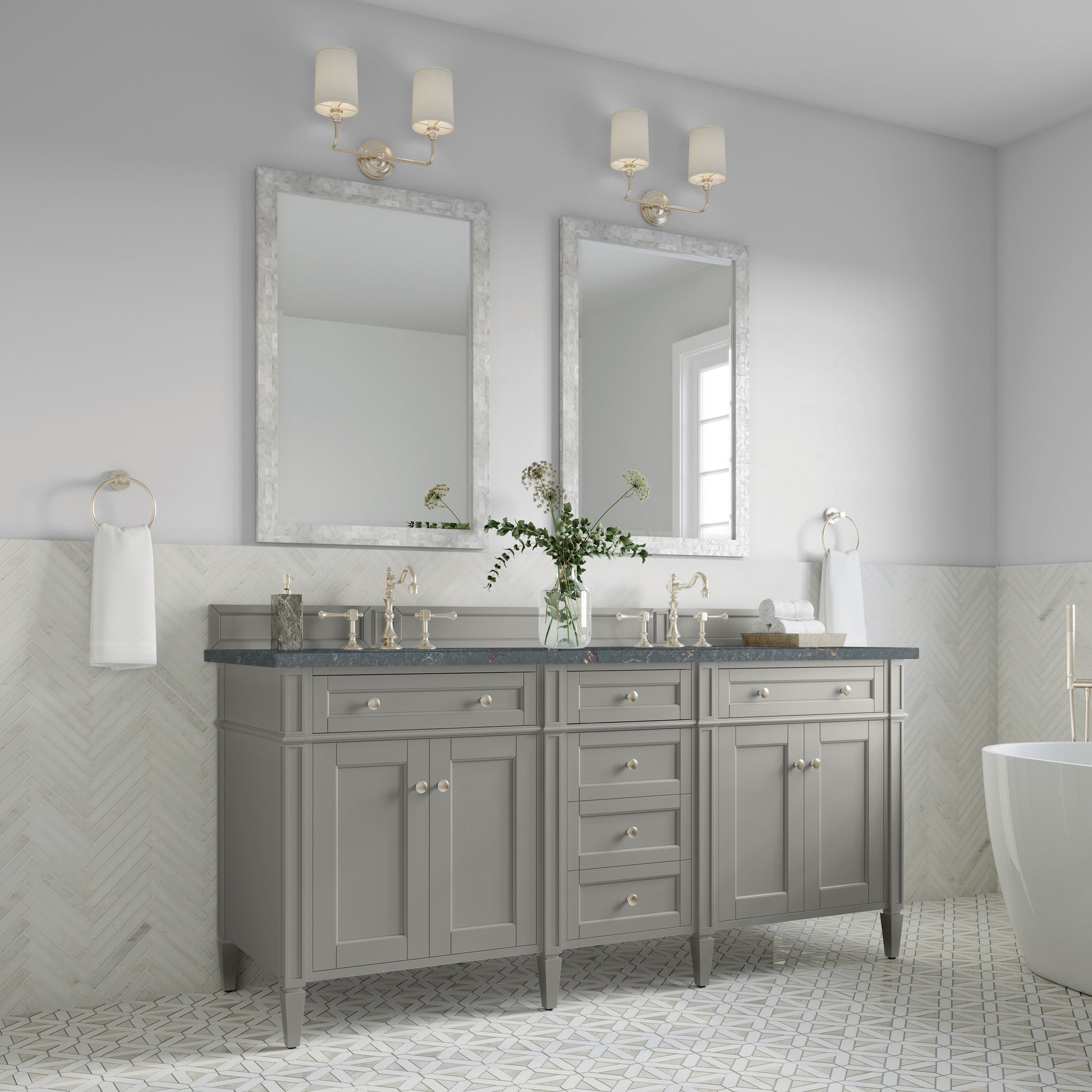 Renovate for Less Atlanta Brittany 72" Double Vanity, Urban Gray w/ 3 CM Parisien Bleu Silestone Top w/FreePower Wireless Charger