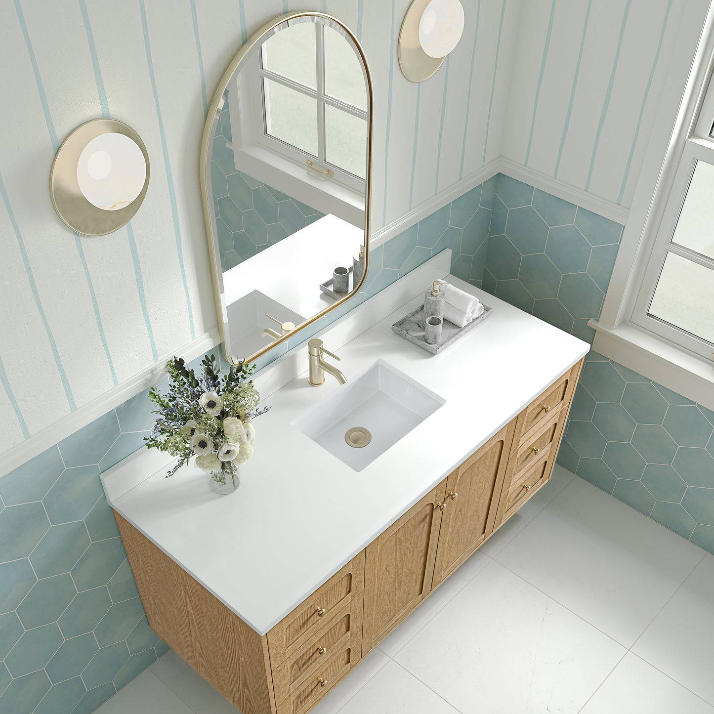 Renovate for Less Atlanta Laurent 60" Single Vanity, Light Natural Oak, w/ Single Hole 3 CM White Zeus Quartz Top & Backsplash