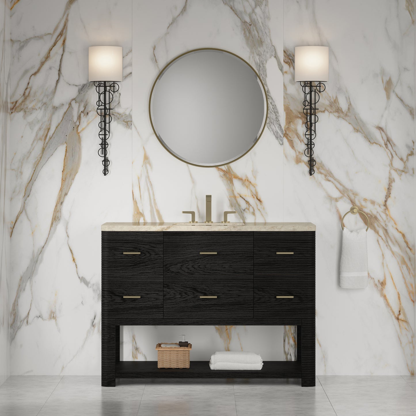 Renovate for Less Atlanta Lucian 48" Single Vanity, Carbon Oak, w/ 3 CM Tajnar Eclos Widespread Top