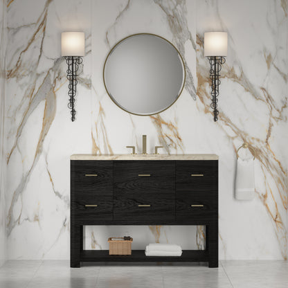 Renovate for Less Atlanta Lucian 48" Single Vanity, Carbon Oak, w/ 3 CM Tajnar Eclos Widespread Top