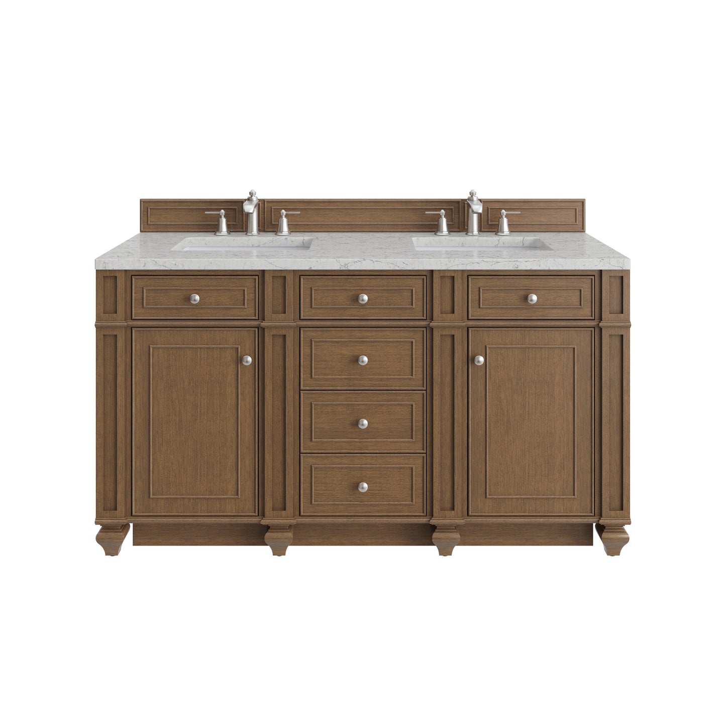 Renovate for Less Atlanta Bristol 60" Double Vanity, Saddle Brown w/ 3 CM Eternal Jasmine Pearl Silestone Top