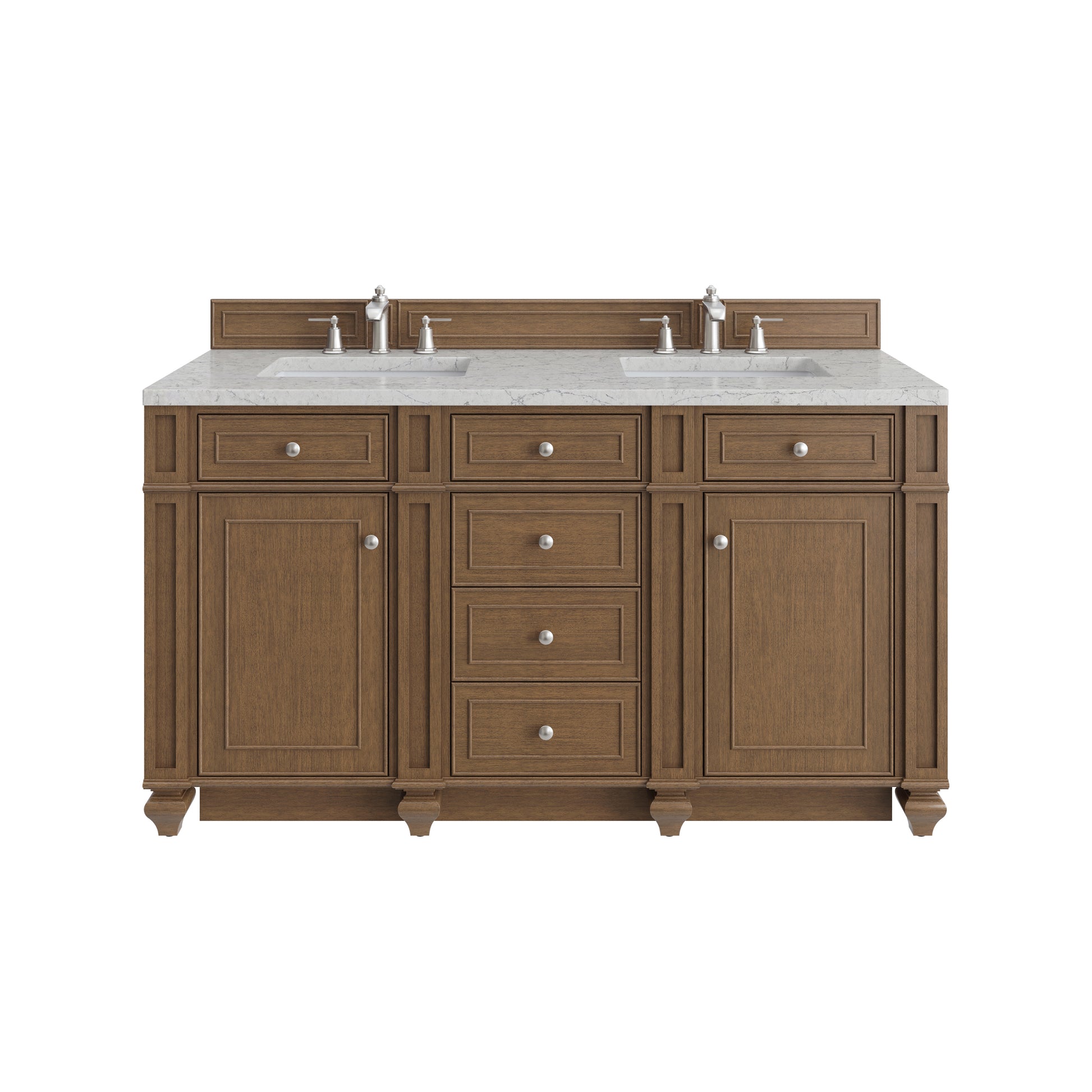 Renovate for Less Atlanta Bristol 60" Double Vanity, Saddle Brown w/ 3 CM Eternal Jasmine Pearl Silestone Top