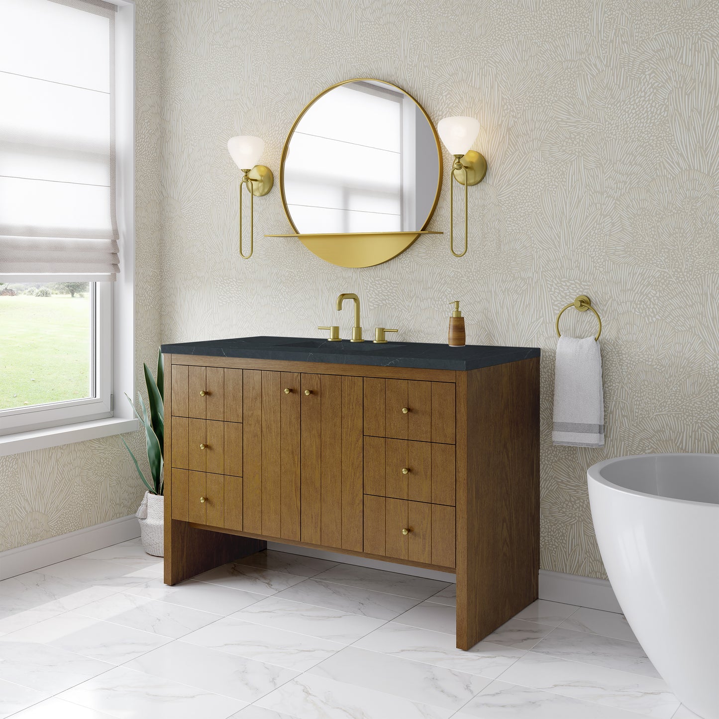 Renovate for Less Atlanta Hudson 48" Single Vanity, Honey Oak w/ 3 CM Charcoal Soapstone Silestone Top