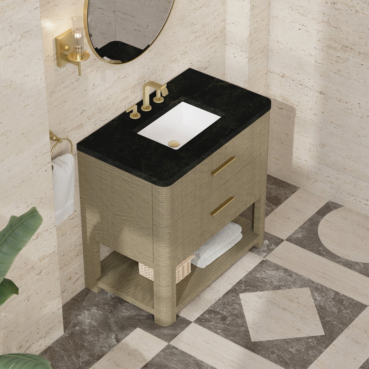 Renovate for Less Atlanta Lucian 36" Single Vanity, Pebble Oak, w/ 3 CM Phantome Eclos Widespread Top