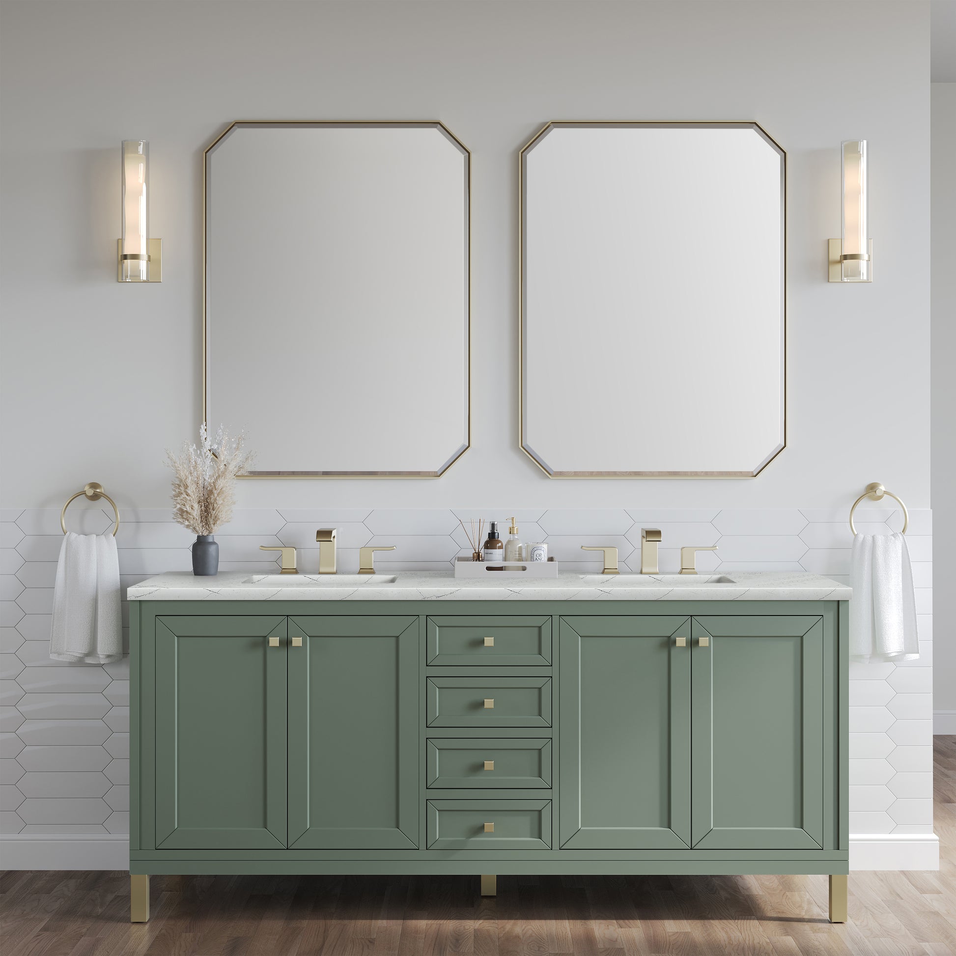 Renovate for Less Atlanta Chicago 72" Double Vanity, Smokey Celadon, w/ 3 CM Ethereal Noctis Silestone® Top