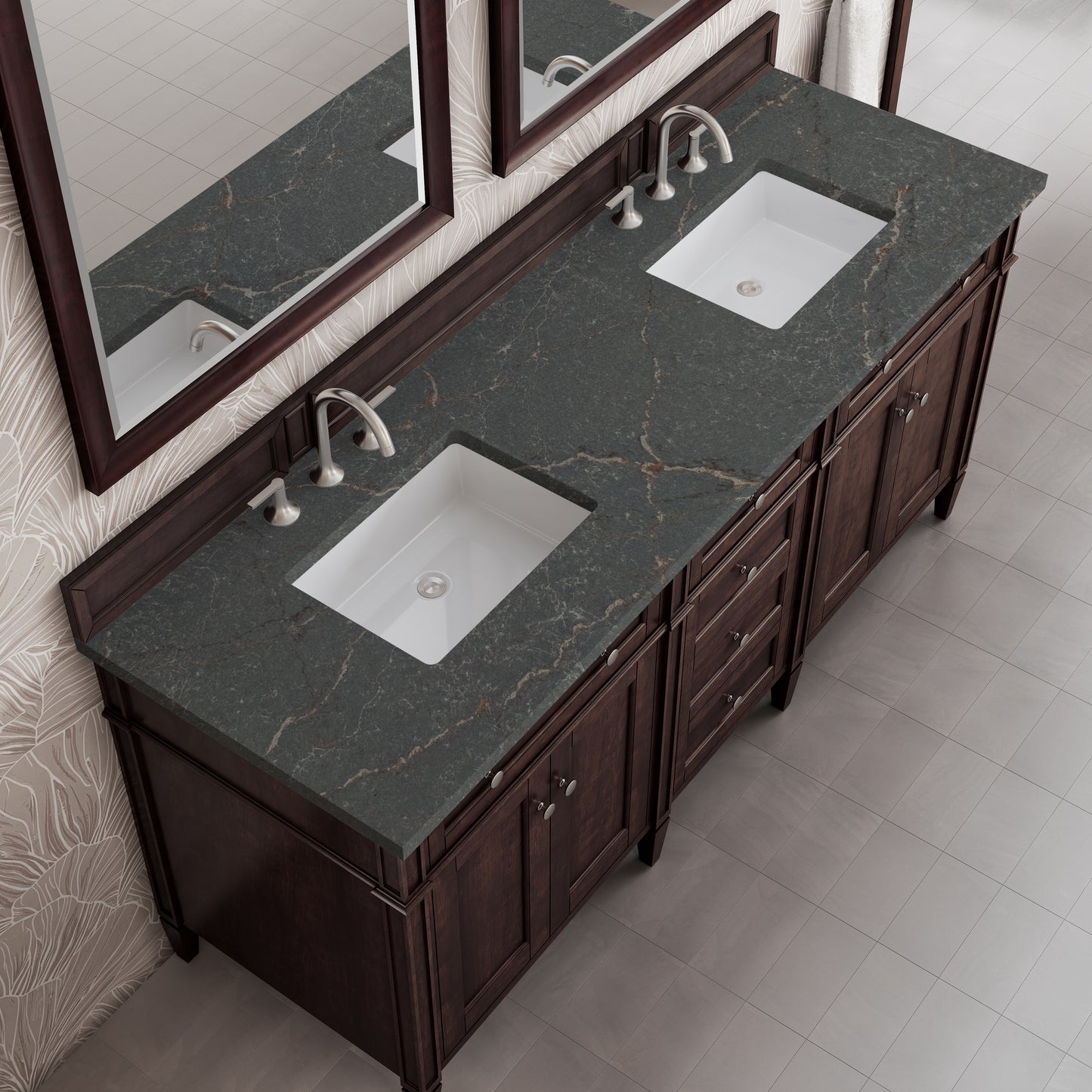 Renovate for Less Atlanta Brittany 72" Double Vanity, Burnished Mahogany w/ 3 CM Parisien Bleu Silestone Top