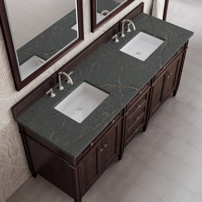 Renovate for Less Atlanta Brittany 72" Double Vanity, Burnished Mahogany w/ 3 CM Parisien Bleu Silestone Top