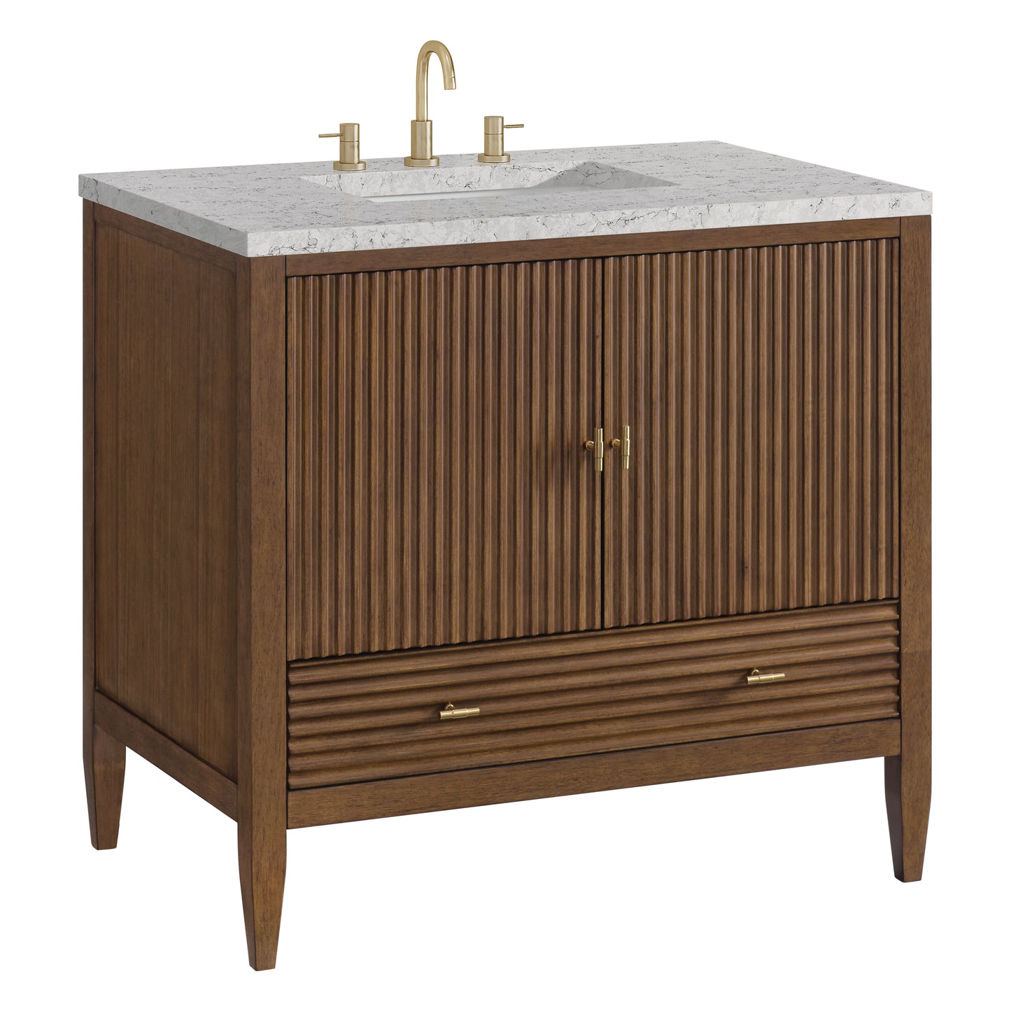 Renovate for Less Atlanta Myrrin 36" Vanity, Mid Century Walnut w/ 3 CM Eternal Jasmine Pearl Silestone Top