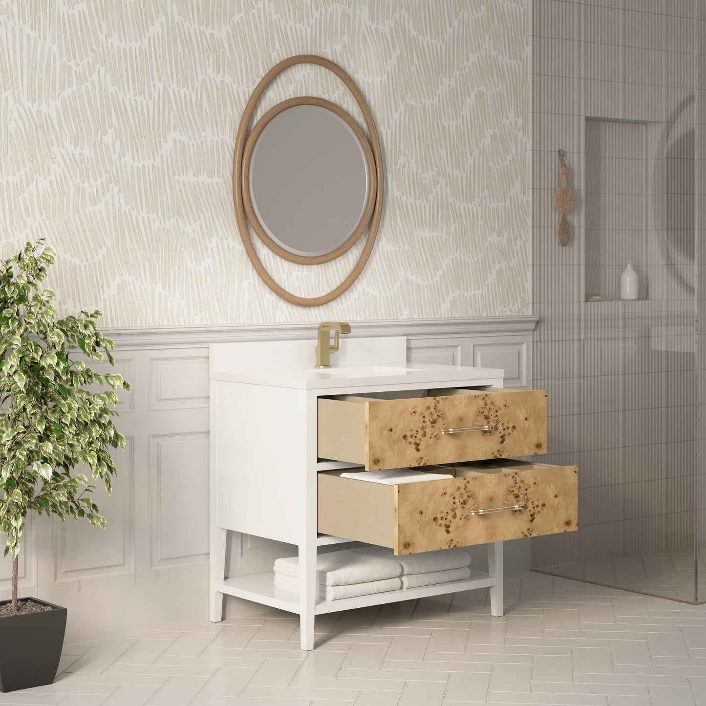 Renovate for Less Atlanta Olena 36" Single Vanity, Light Mappa Burl and Polished White w/ Single Hole 3 CM White Zeus Silestone Top & Backsplash