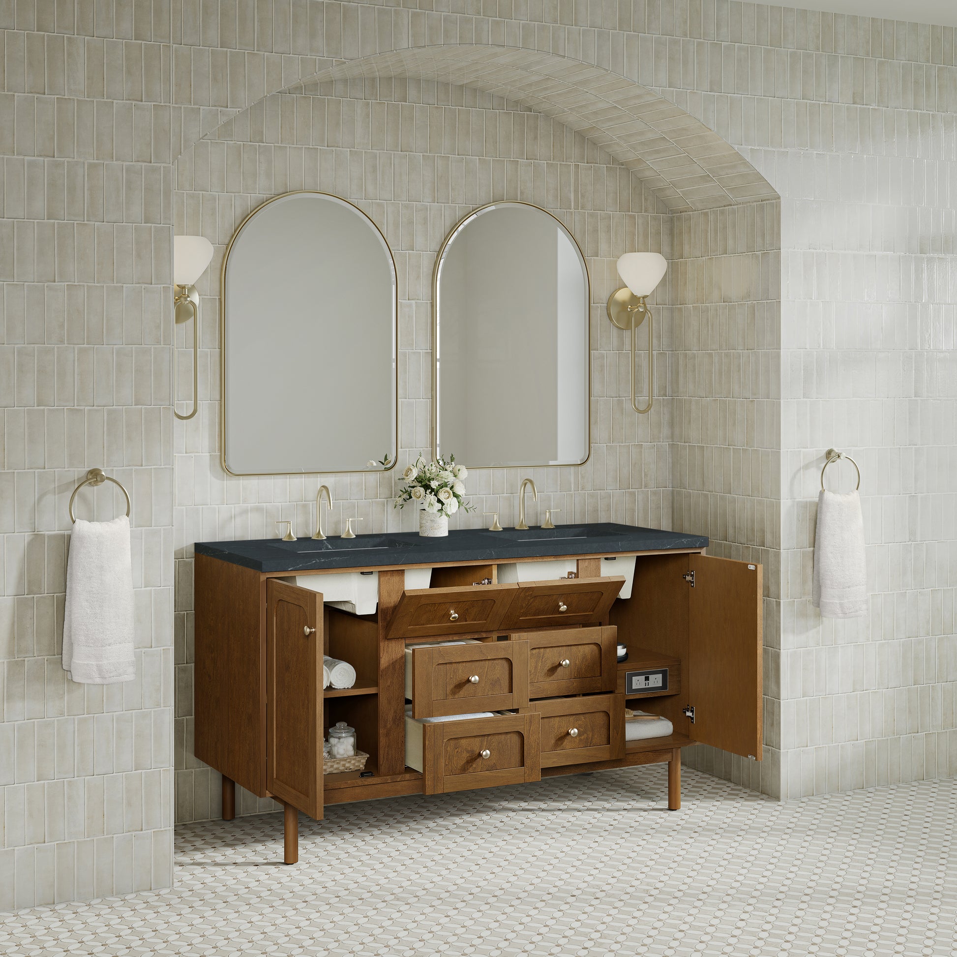 Renovate for Less Atlanta Laurent 60" Double Vanity, Honey Oak w/ 3 CM Charcoal Soapstone Silestone Top