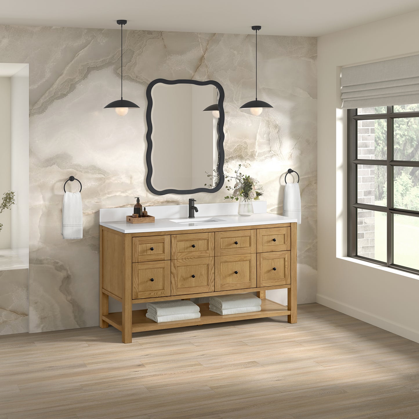Renovate for Less Atlanta Breckenridge 60" Single Vanity, Light Natural Oak, w/ Single Hole 3 CM White Zeus Quartz Top & Backsplash