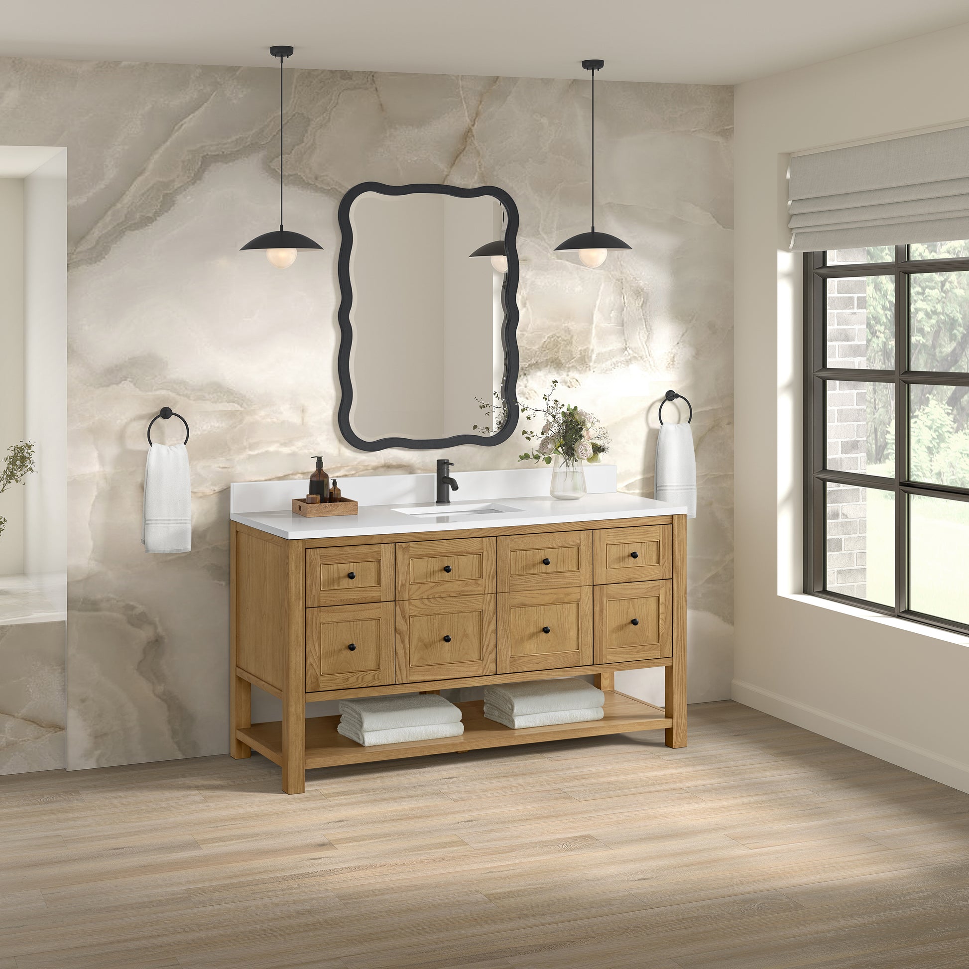 Renovate for Less Atlanta Breckenridge 60" Single Vanity, Light Natural Oak, w/ Single Hole 3 CM White Zeus Quartz Top & Backsplash