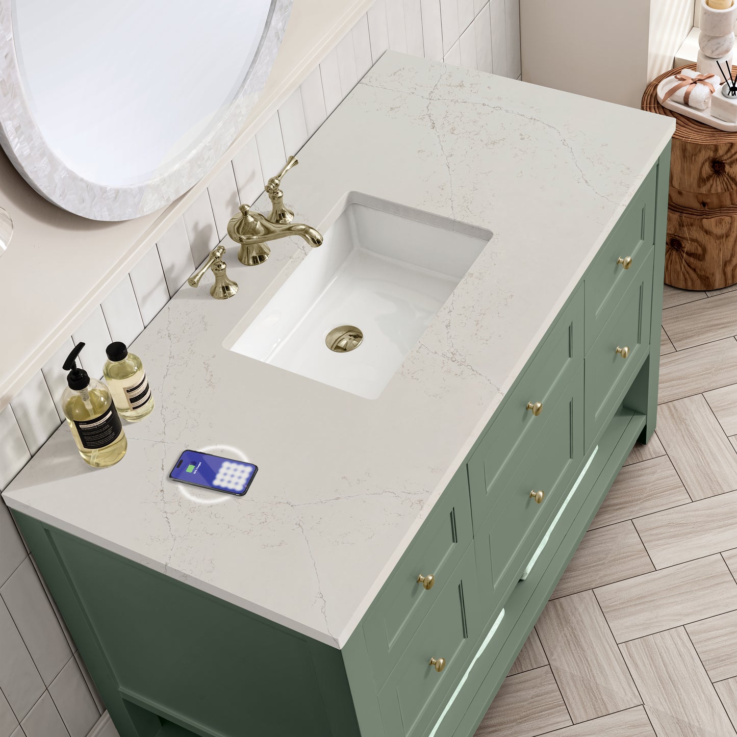 Renovate for Less Atlanta Breckenridge 48" Single Vanity, Smokey Celadon, w/ 3 CM Siberian Silestone Top w/FreePower Wireless Charger