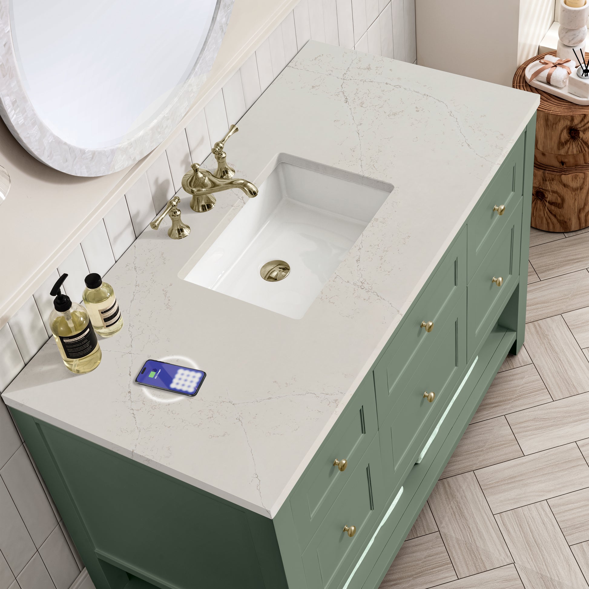Renovate for Less Atlanta Breckenridge 48" Single Vanity, Smokey Celadon, w/ 3 CM Siberian Silestone Top w/FreePower Wireless Charger