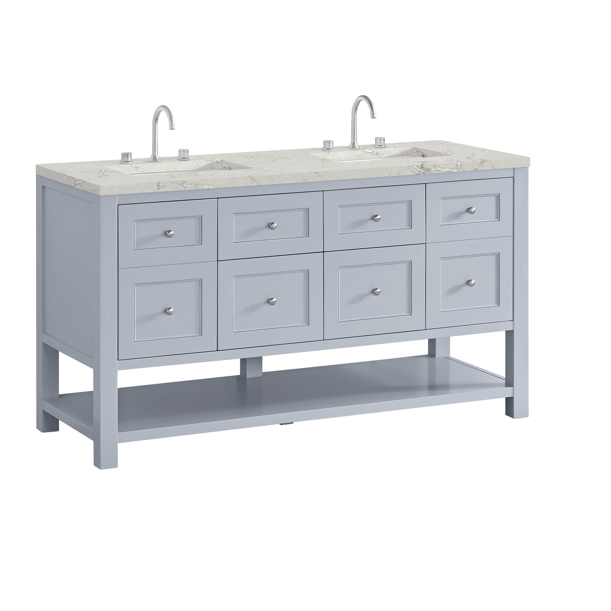 Renovate for Less Atlanta Breckenridge 60" Double Vanity, Serenity Blue, w/ 3 CM Victorian Silver Quartz Top w/FreePower Wireless Charger