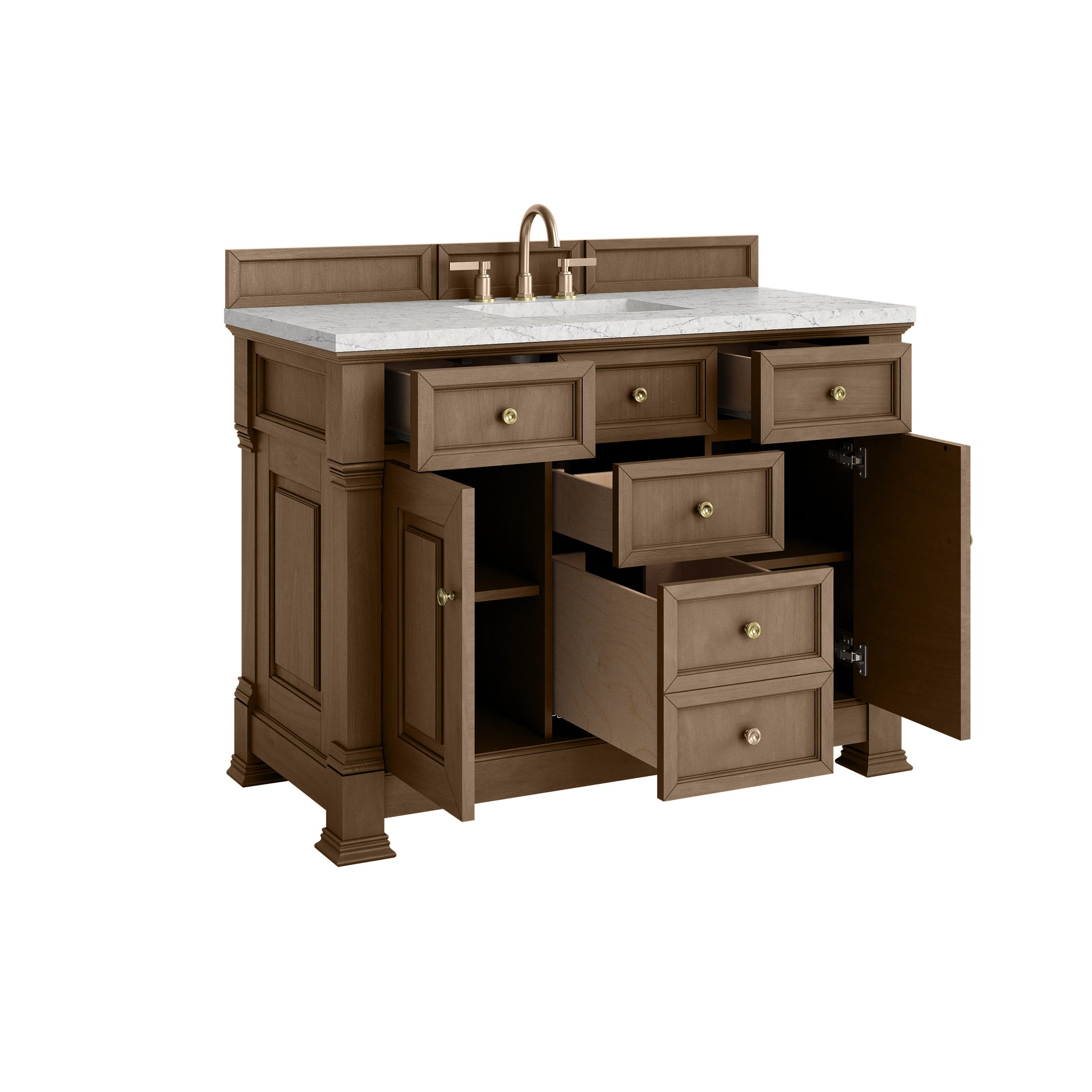 Renovate for Less Atlanta Brookfield 48" Single Vanity, Pecan w/3 CM Eternal Jasmine Pearl Silestone Top