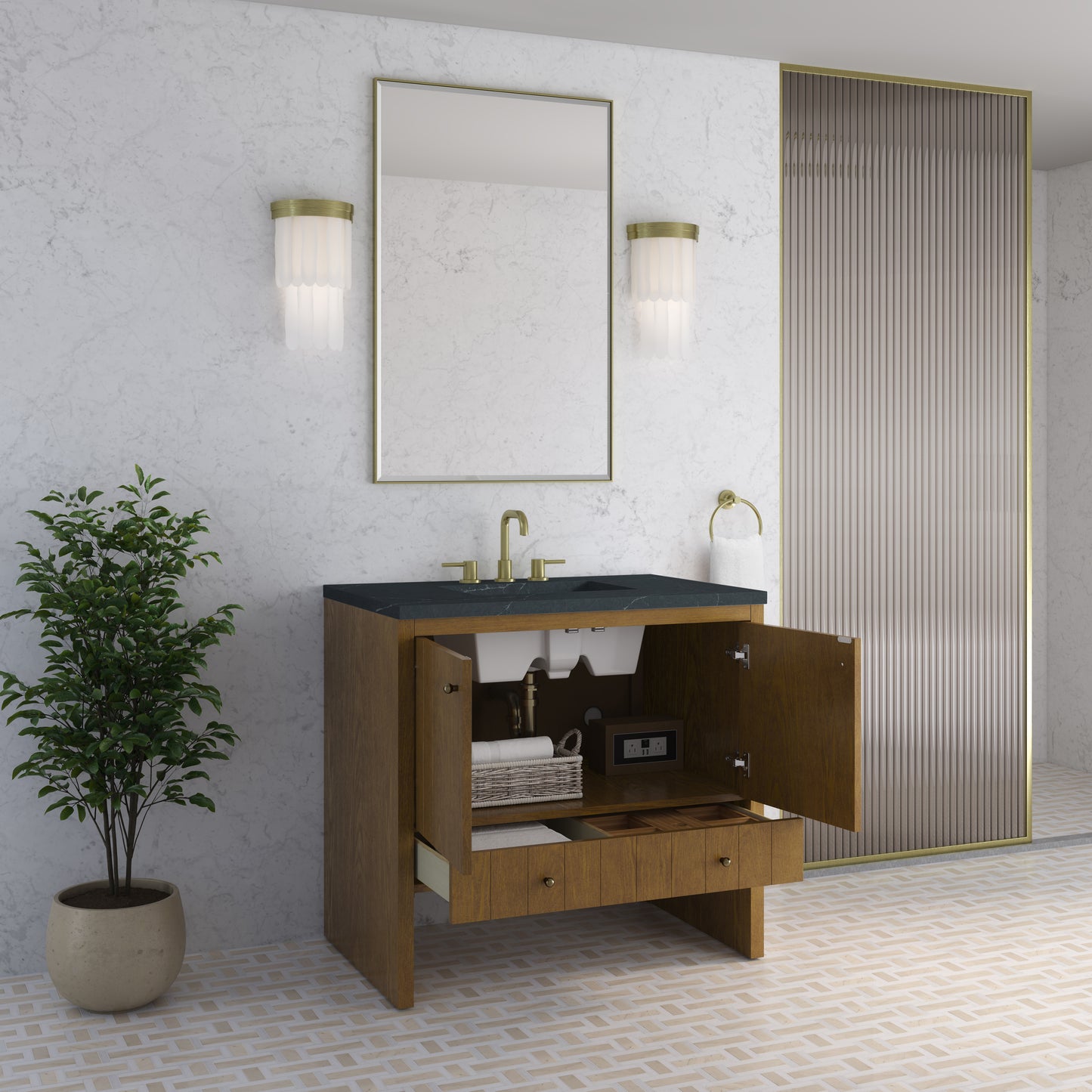 Renovate for Less Atlanta Hudson 36" Single Vanity, Honey Oak w/ 3 CM Charcoal Soapstone Silestone Top