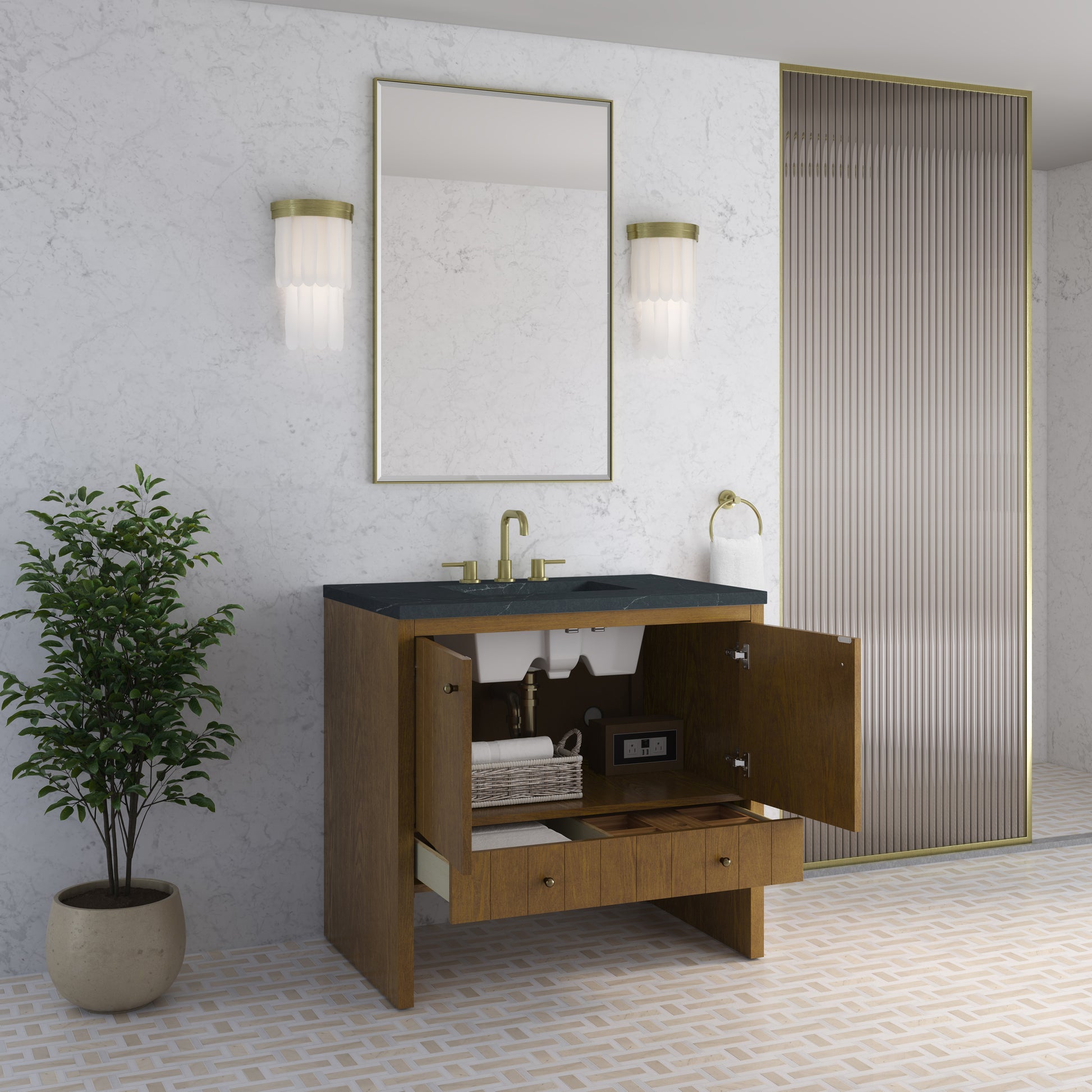 Renovate for Less Atlanta Hudson 36" Single Vanity, Honey Oak w/ 3 CM Charcoal Soapstone Silestone Top