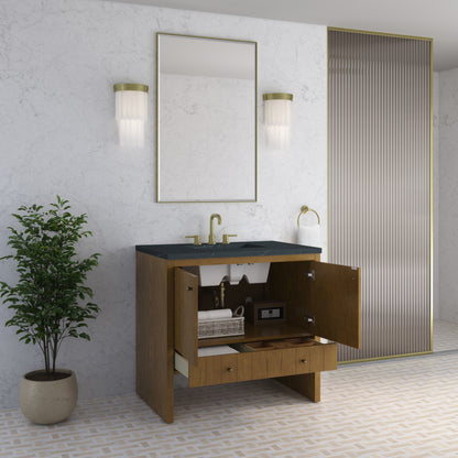 Renovate for Less Atlanta Hudson 36" Single Vanity, Honey Oak w/ 3 CM Charcoal Soapstone Silestone Top