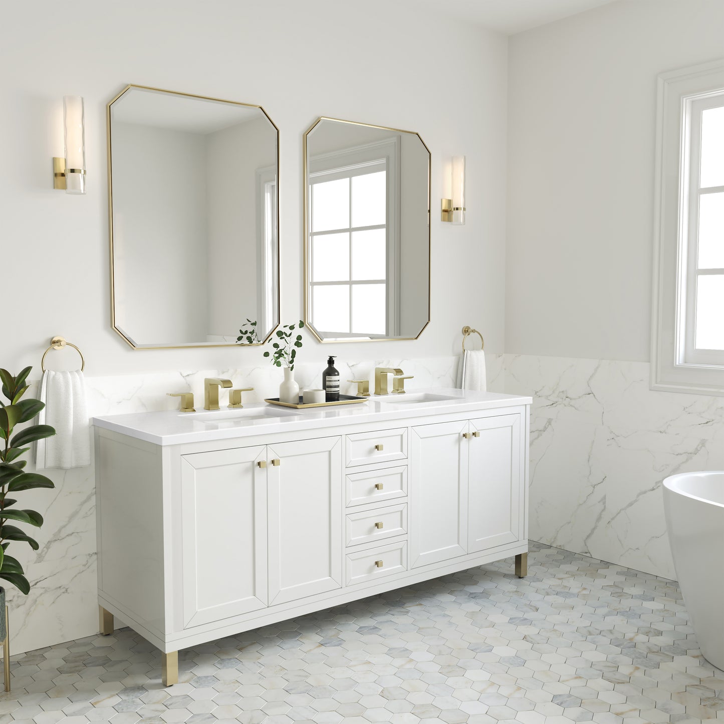 Renovate for Less Atlanta Chicago 72" Double Vanity, Glossy White, w/ 3 CM White Zeus Silestone® Top