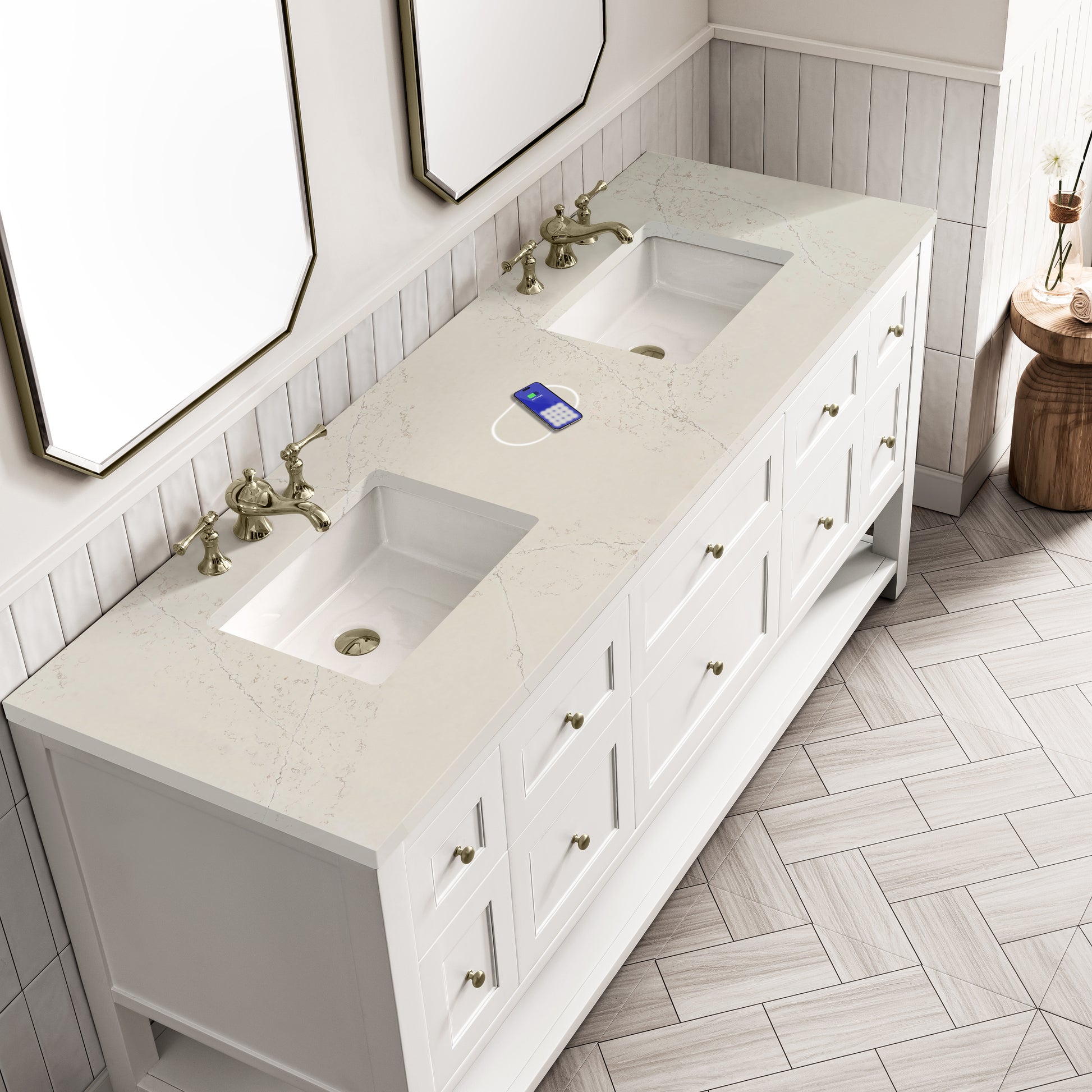 Renovate for Less Atlanta Breckenridge 72" Double Vanity, Bright White, w/ 3 CM Siberian Silestone Top w/FreePower Wireless Charger