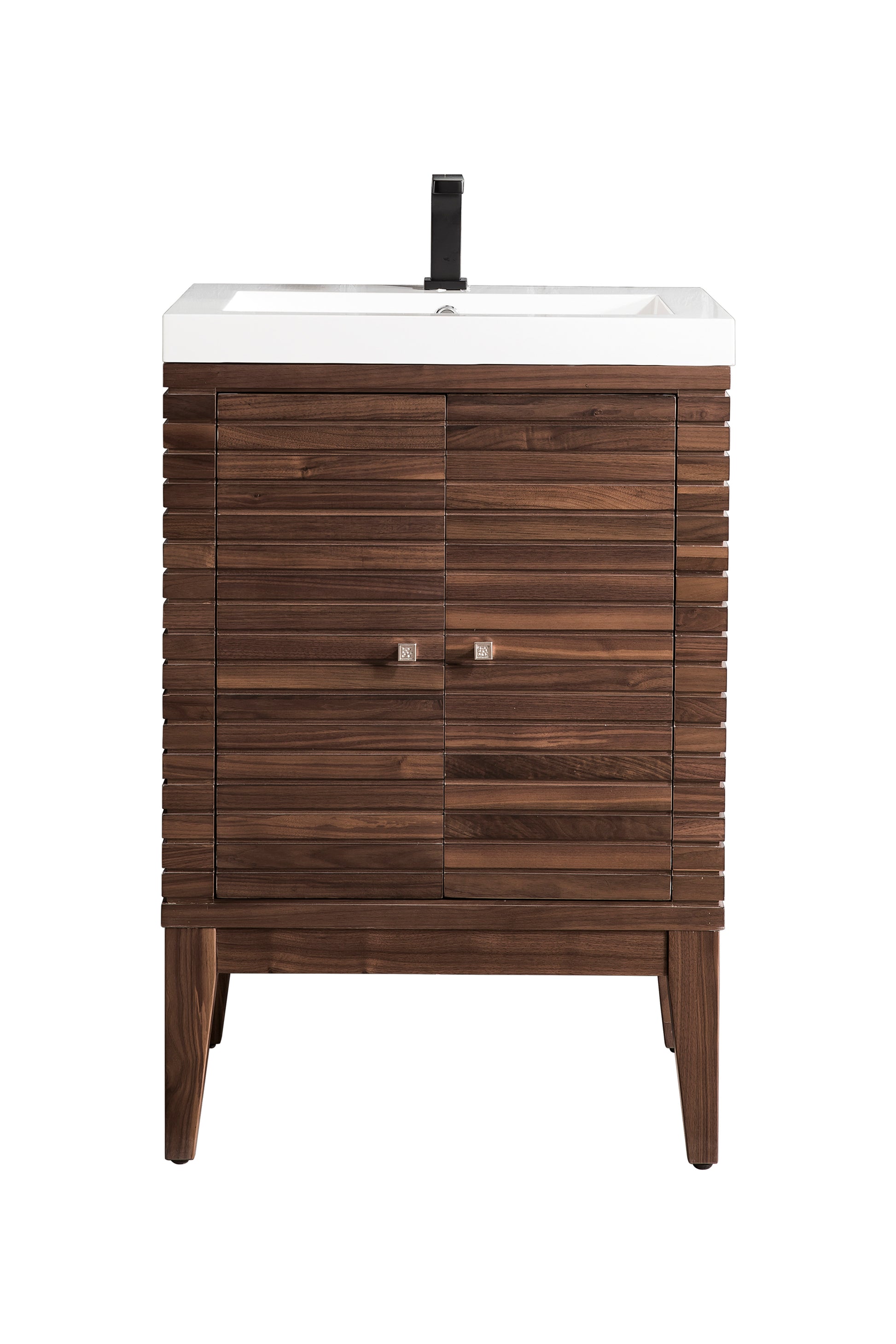 Renovate for Less Atlanta Linden 24" Single Vanity, Mid-Century Walnut w/ White Glossy Composite Stone Top