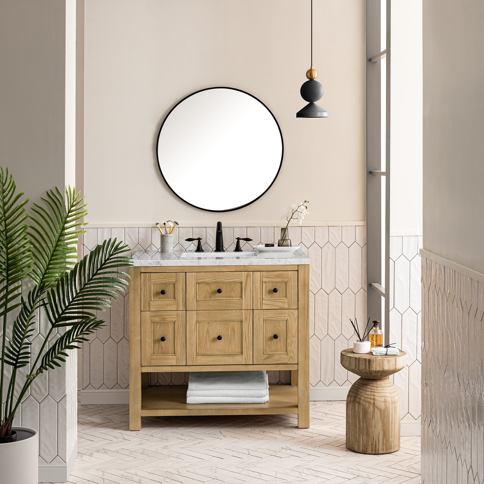 Renovate for Less Atlanta Breckenridge 36" Single Vanity, Light Natural Oak w/ 3 CM Eternal Jasmine Pearl Top