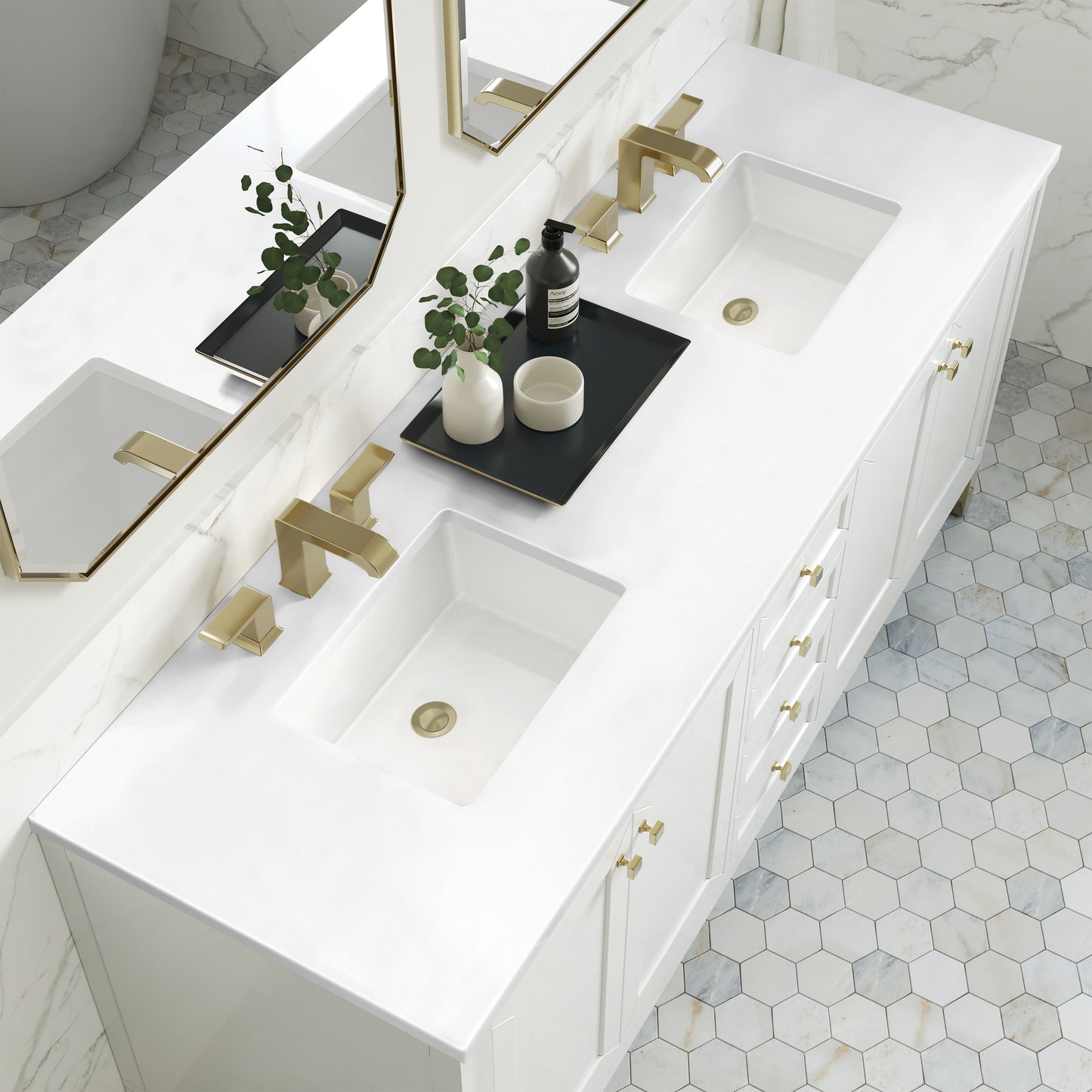 Renovate for Less Atlanta Chicago 72" Double Vanity, Glossy White, w/ 3 CM White Zeus Silestone® Top