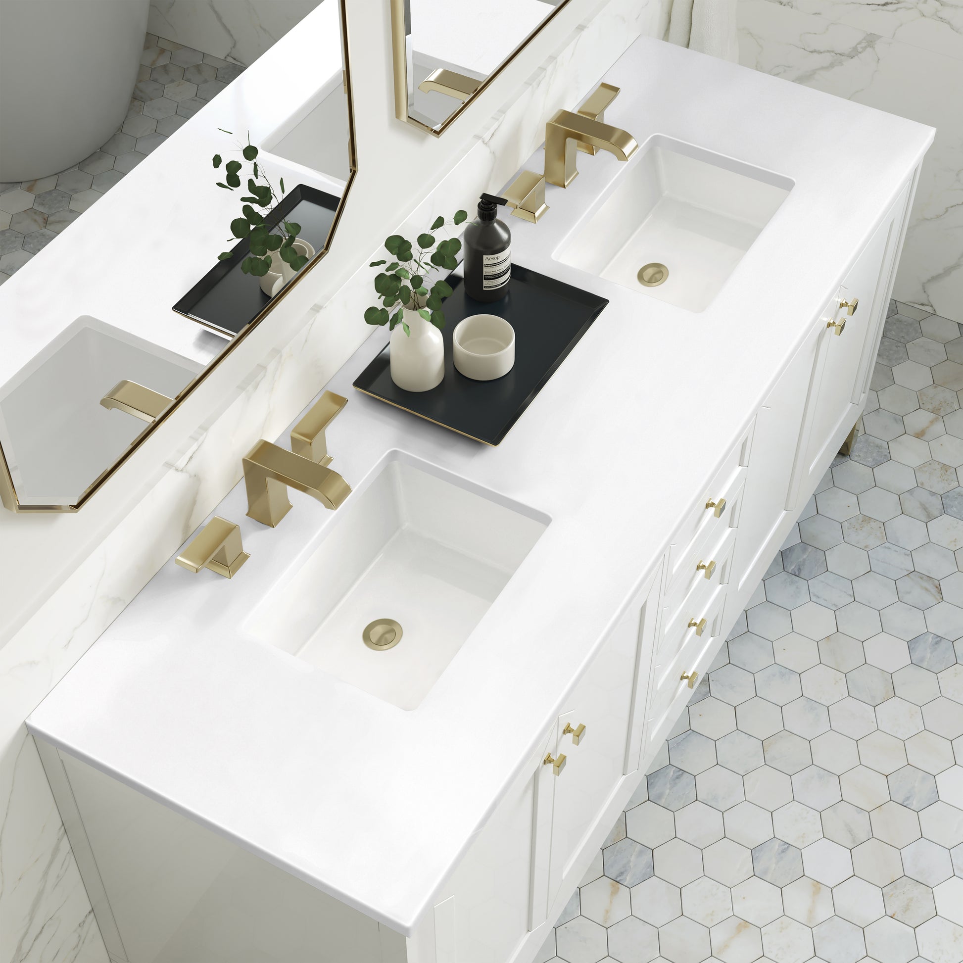 Renovate for Less Atlanta Chicago 72" Double Vanity, Glossy White, w/ 3 CM White Zeus Silestone® Top