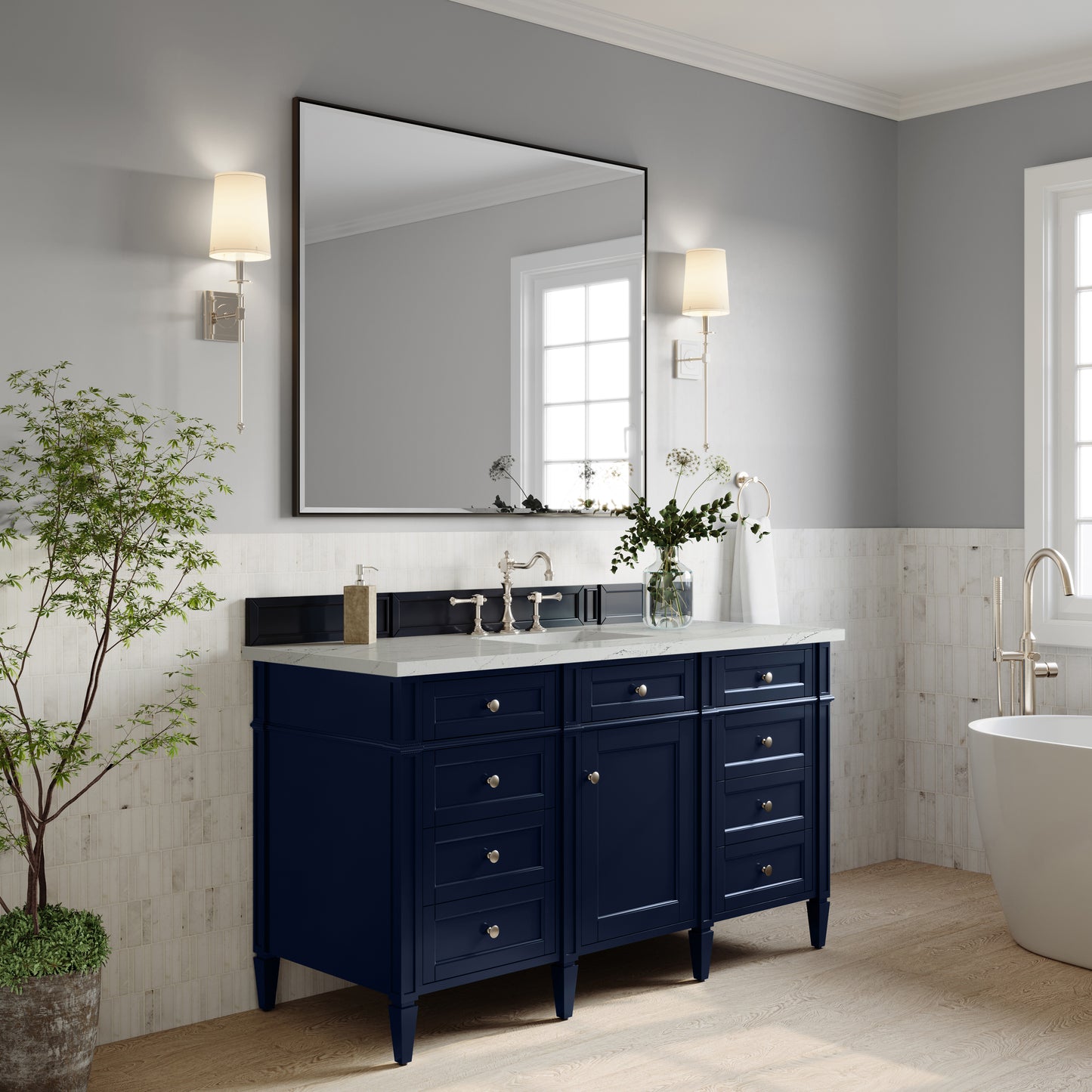 Renovate for Less Atlanta Brittany 60" Single Vanity, Victory Blue w/ 3 CM Ethereal Noctis Silestone Top